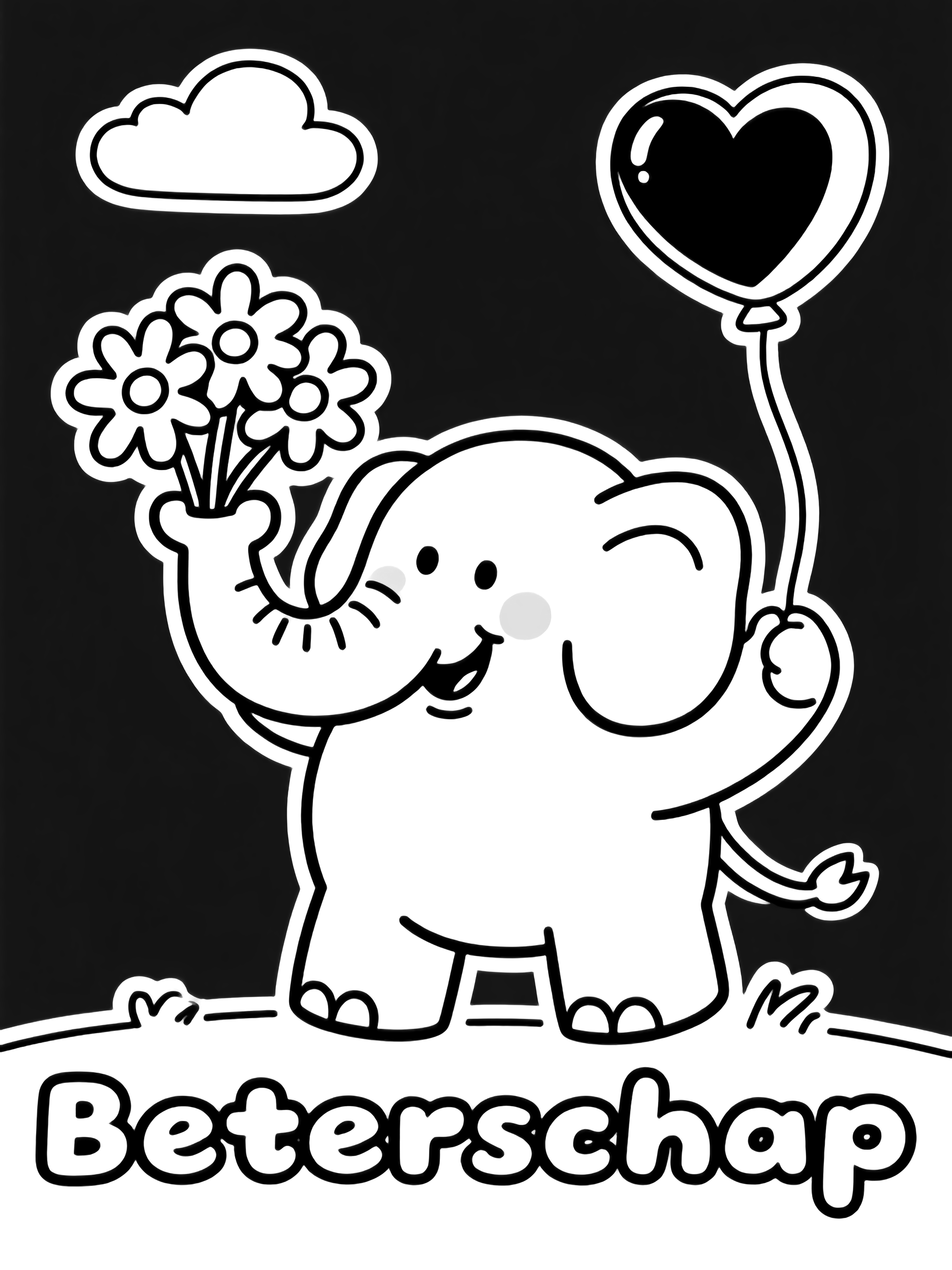 A cheerful elephant lifts daisies with its trunk and clutches a heart balloon while "Beterschap" floats beneath a small cloud. kleurplaat