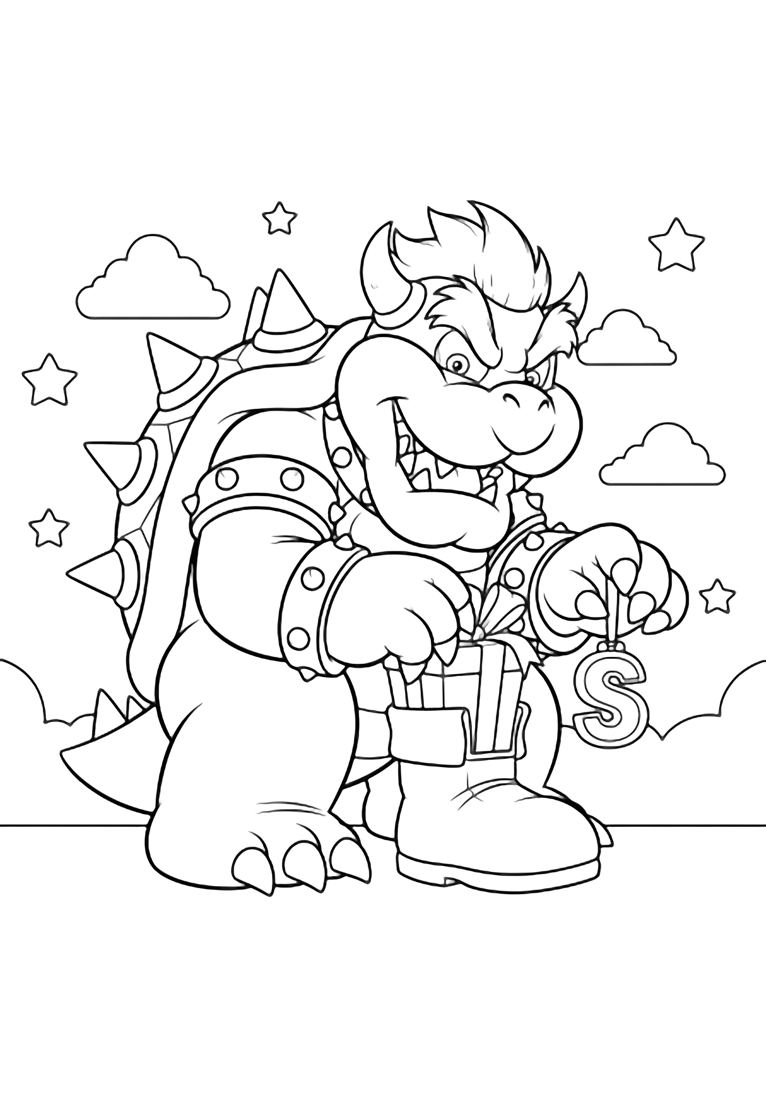 Bowser knielt en legt een met een lint versierd cadeau in een open laars, met een chocolade "S" die van zijn schild bungelt, omkaderd door eenvoudige sterren en wolken. kleurplaat