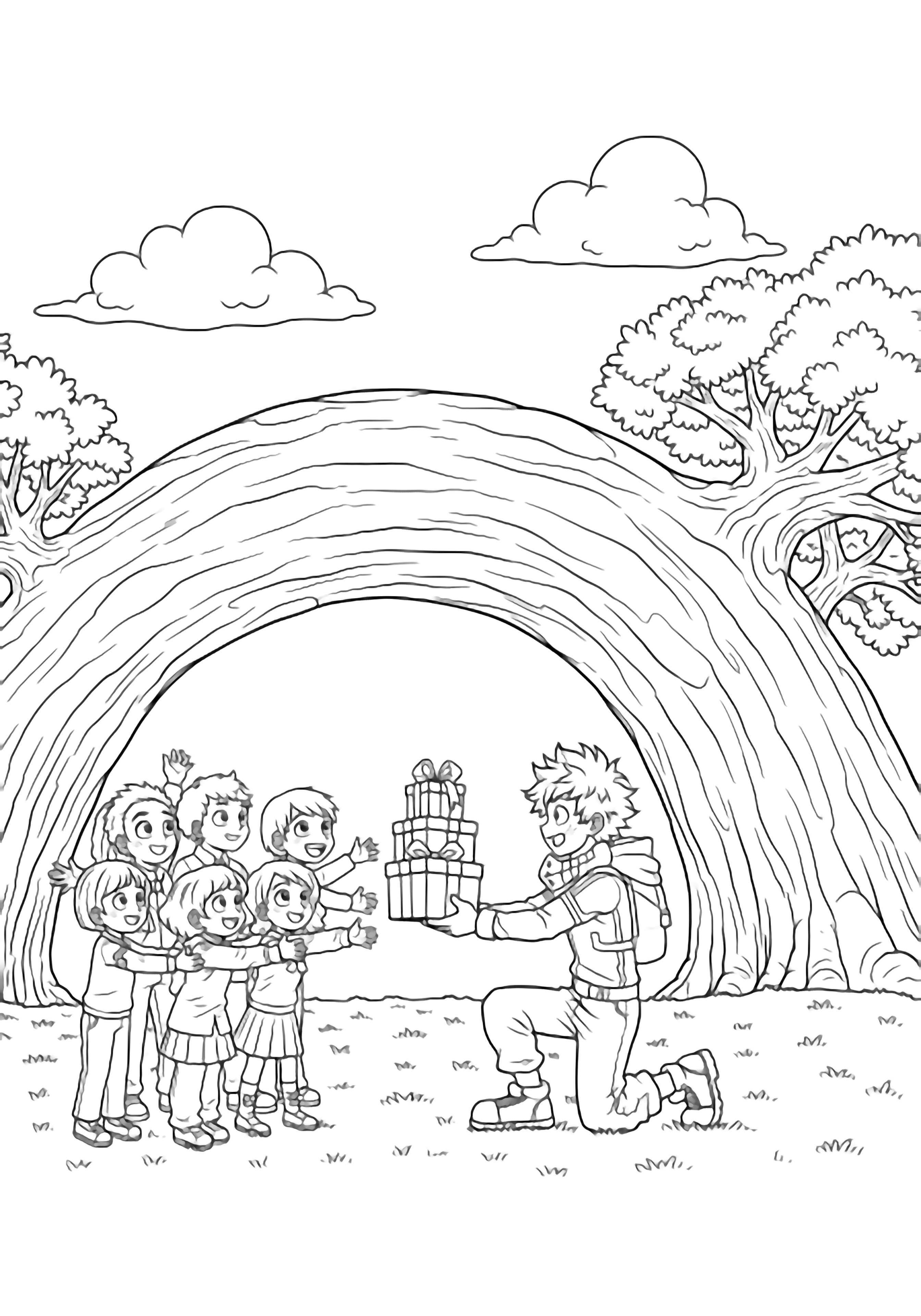 Deku kneels, presenting gift boxes to smiling classmates; large tree curves behind, simple grass below, two clouds above. kleurplaat