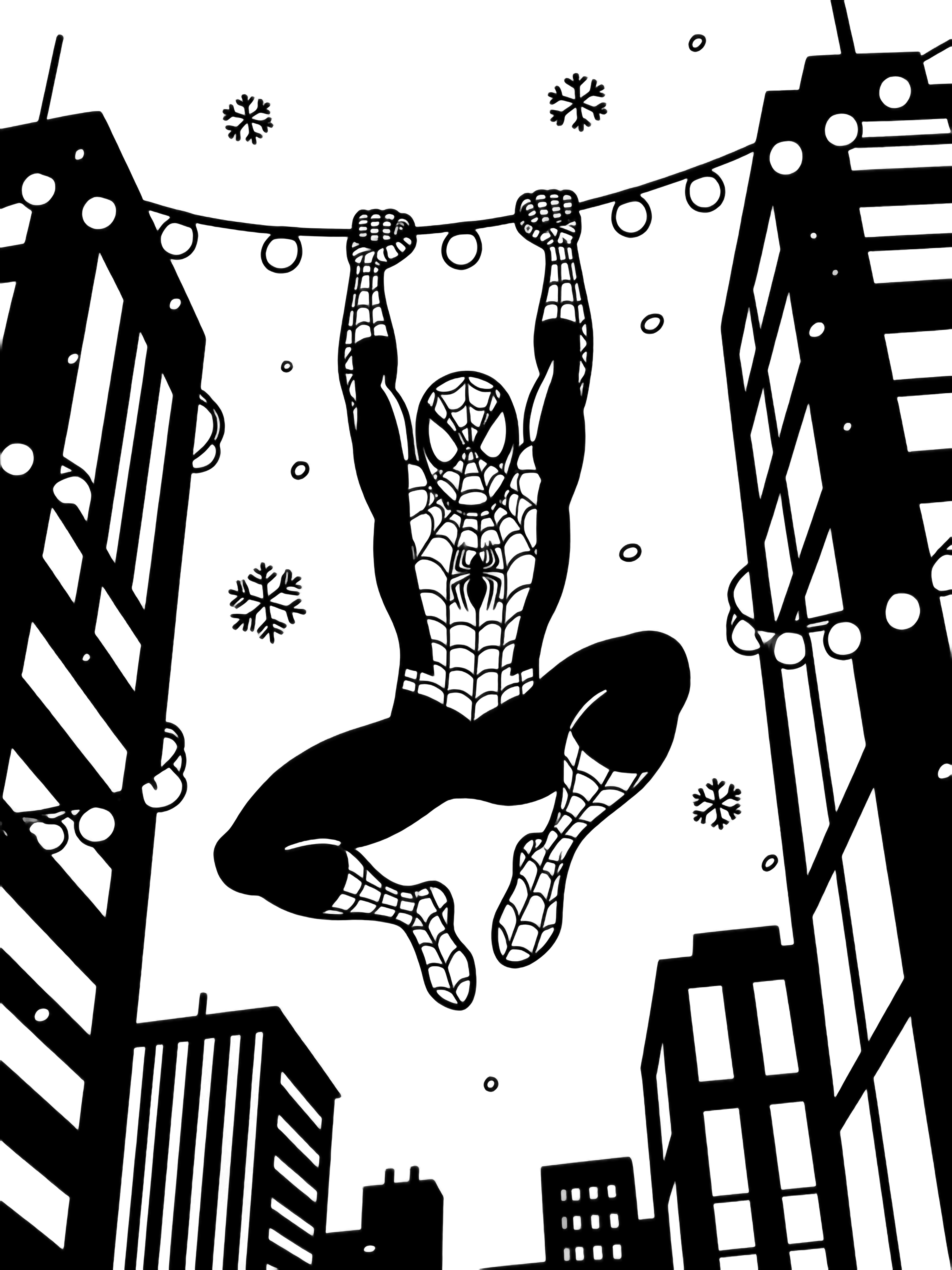 illustration on a Spider Man hangs happily between two tall building silhouettes stringing looping lights; simple snowflakes drift around him wide empty cityscape background bold smooth outlines ready to color clean black kleurplaat