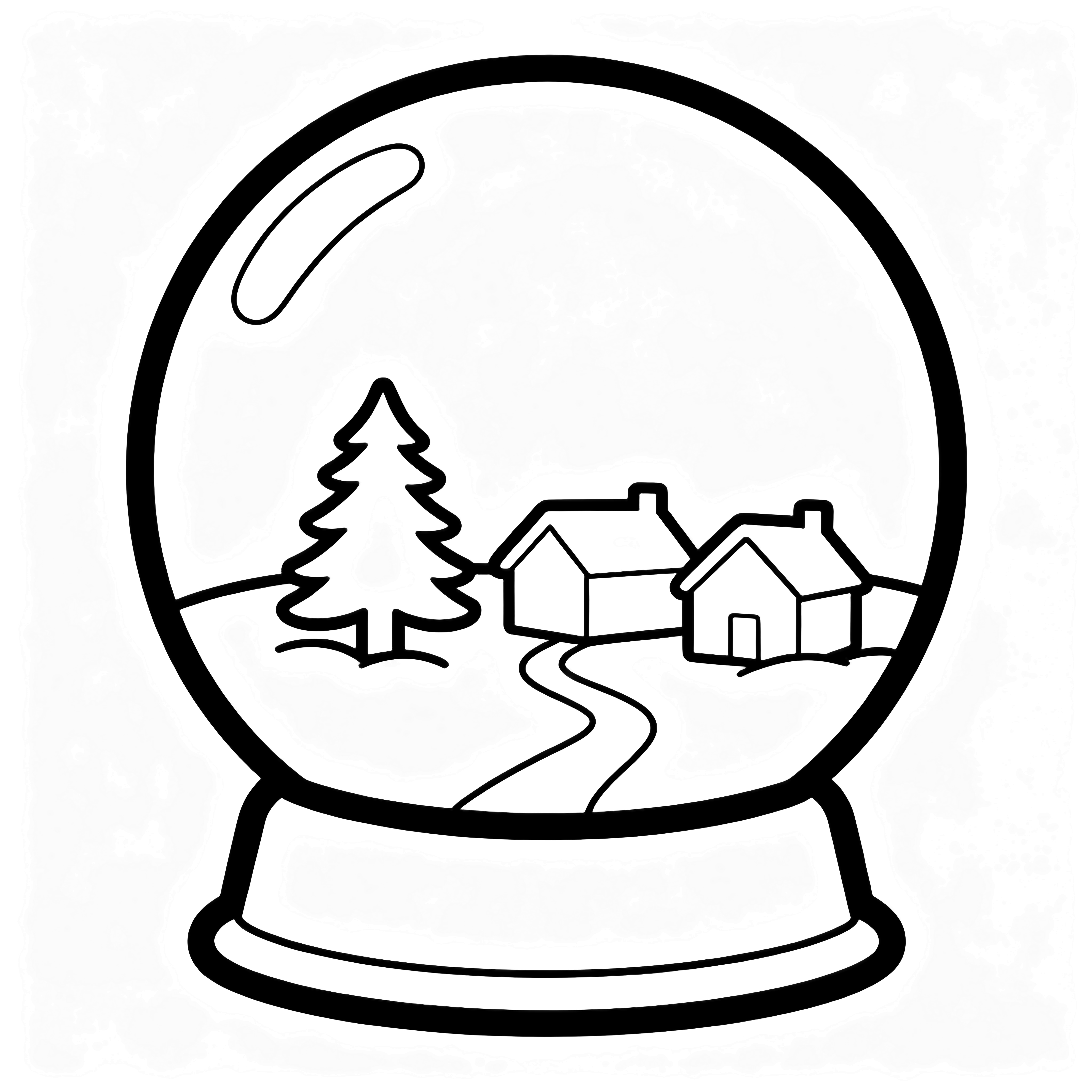 A large round snow globe enclosing a tiny village of cottages, a miniature pine tree, and a simple path. kleurplaat