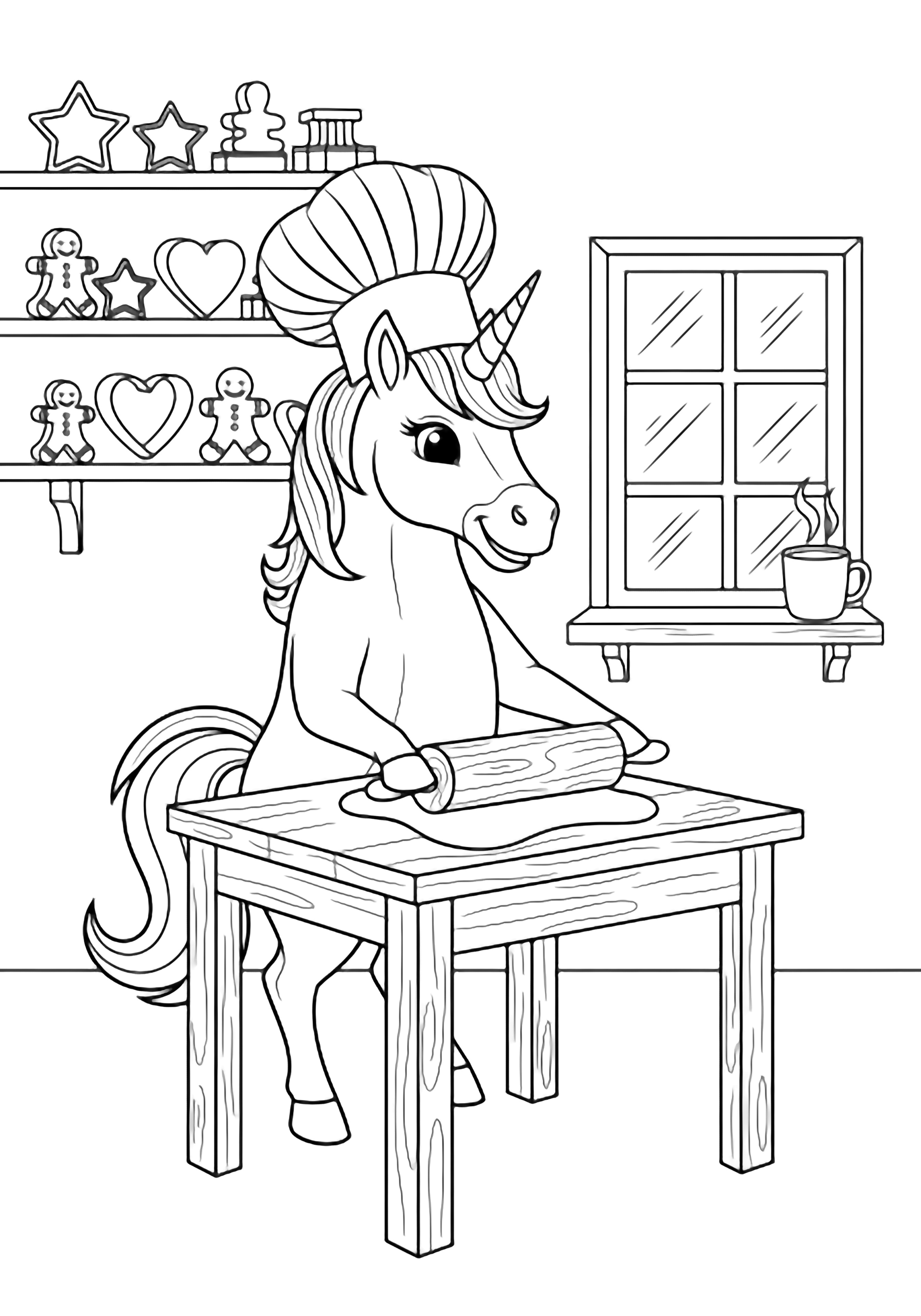 A smiling unicorn in a chef's hat rolls dough on a kitchen table, surrounded by cookie-cutter shelves, a cottage window, and a steaming mug. kleurplaat