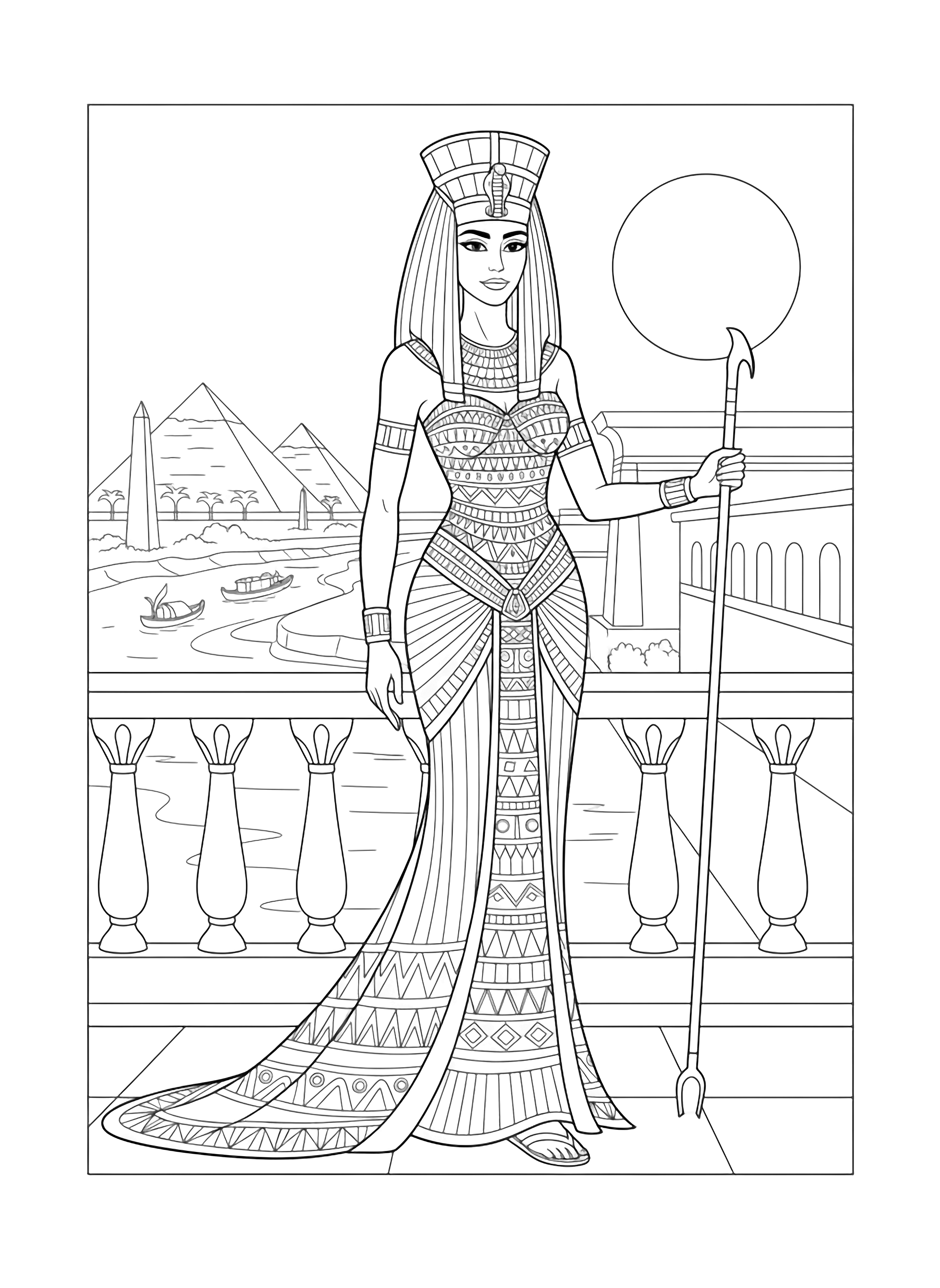 A black and white page of Queen Cleopatra in the time of the Pharaohs She stands gracefully on a palace balcony overlooking the Nile wearing an elegant flowing gown decorated with intricate geometric patterns and a tall ornate headdress featuring the traditional cobra symbol Her arms are adorned with stacked bracelets and she holds clean black and white line drawing minimal shading no colour no fill kleurplaat