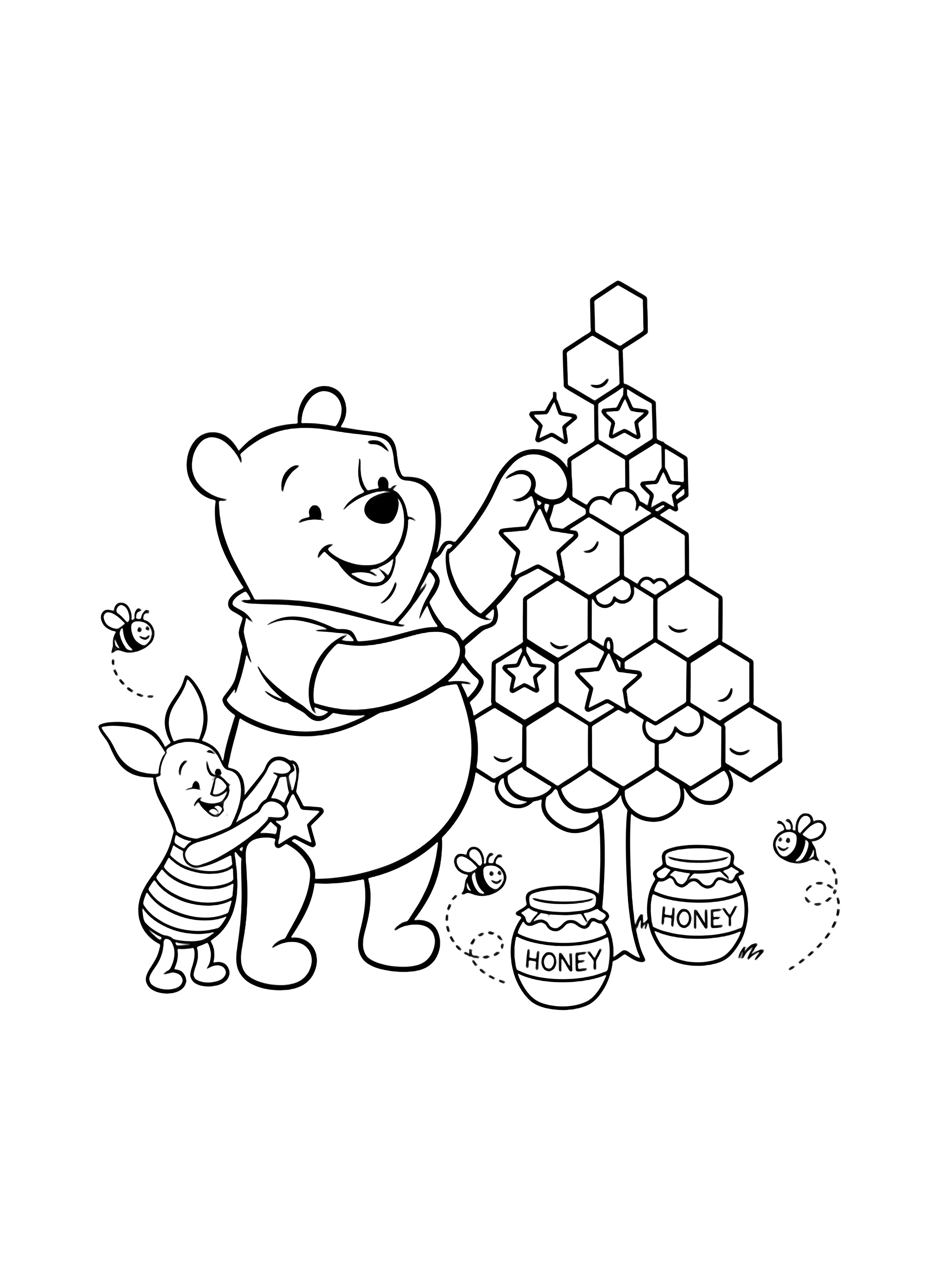 Winnie the Pooh and Piglet hang star ornaments on a tall honeycomb-hexagon tree, with honey jars and bees nearby. kleurplaat