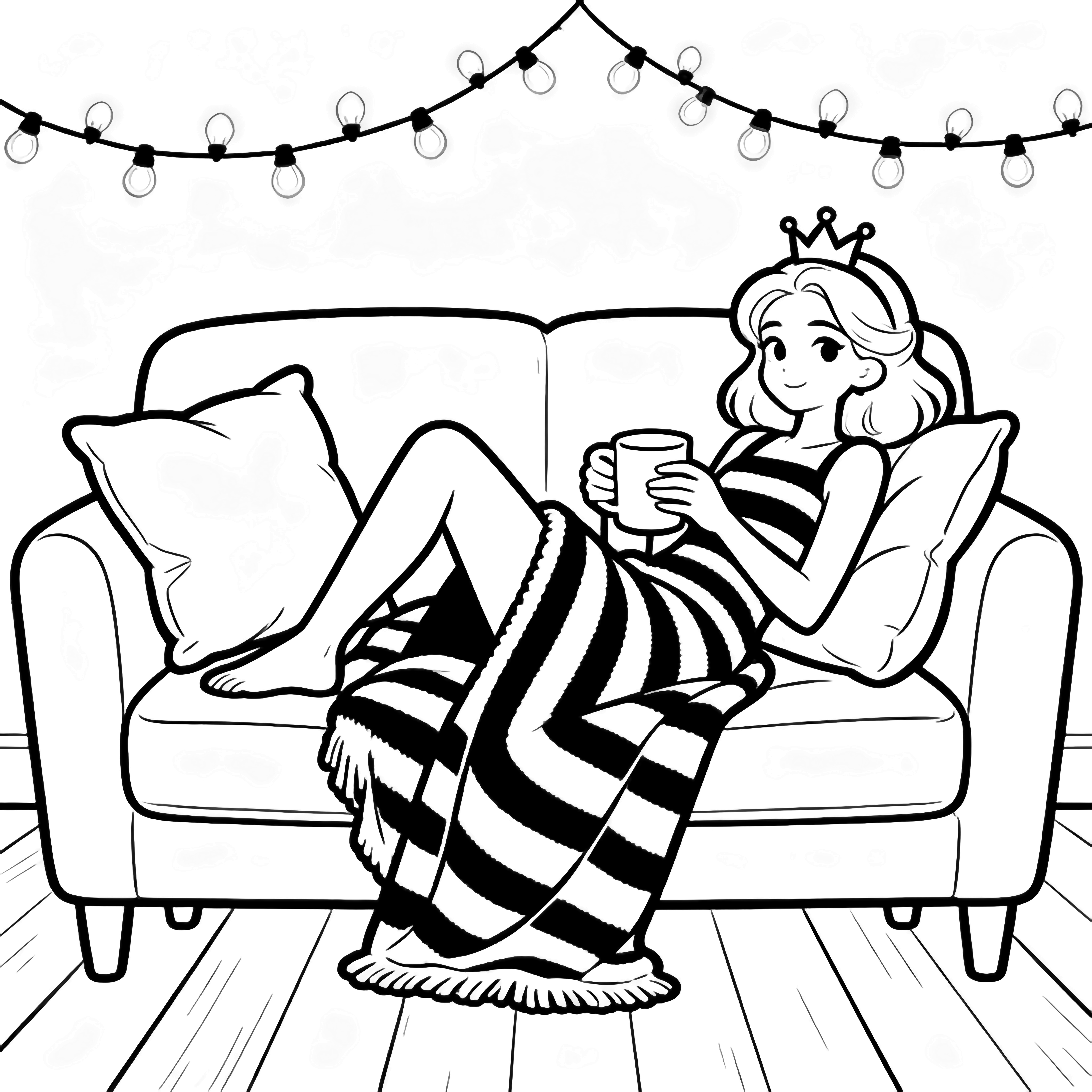 Queen Bee relaxes on a sofa under a striped blanket, holding a mug, with fairy lights overhead and cushions around her. kleurplaat