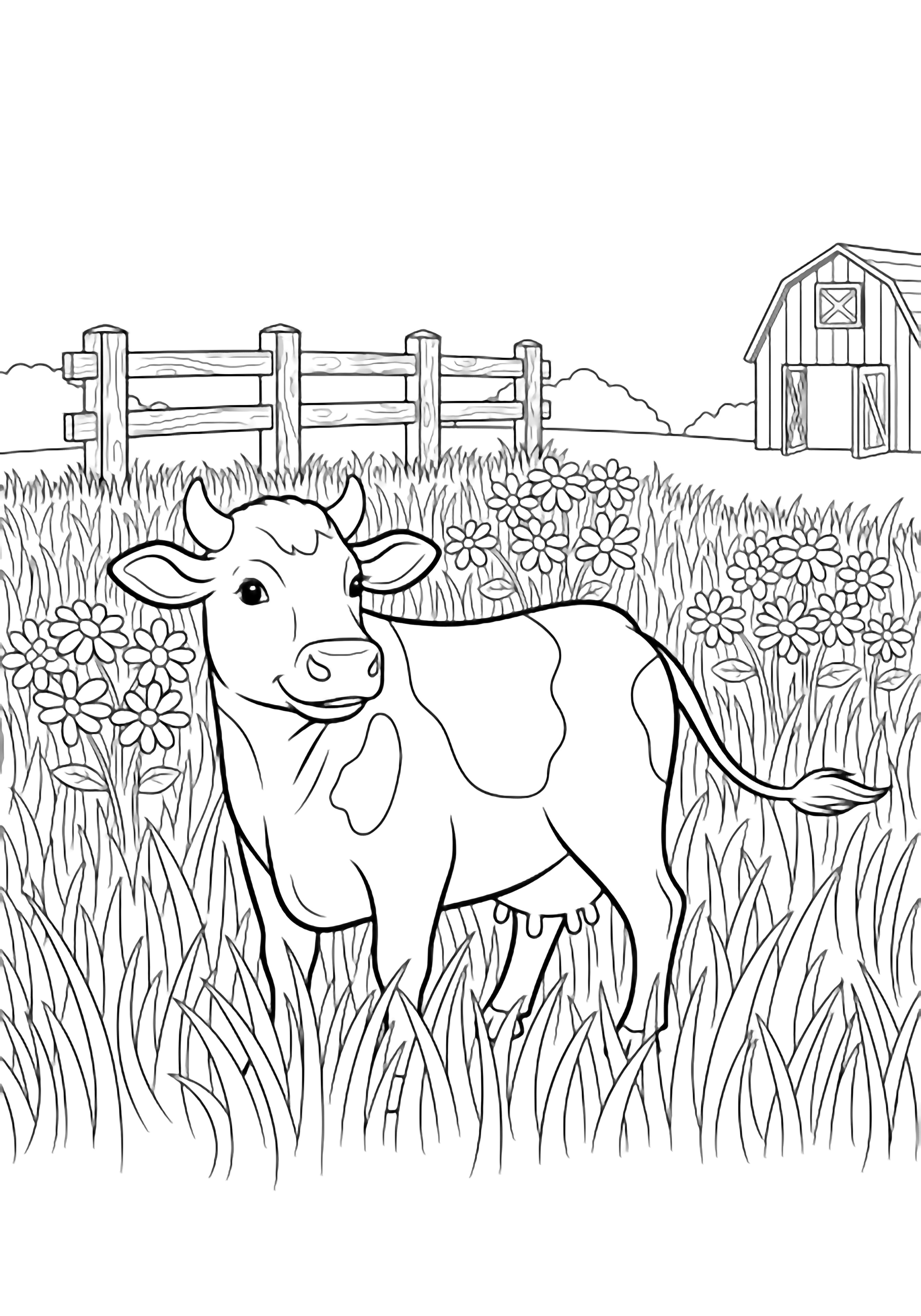 A happy cow stands in tall grass, tail swishing, with fence posts, flowers, and an open-doored barn behind. kleurplaat