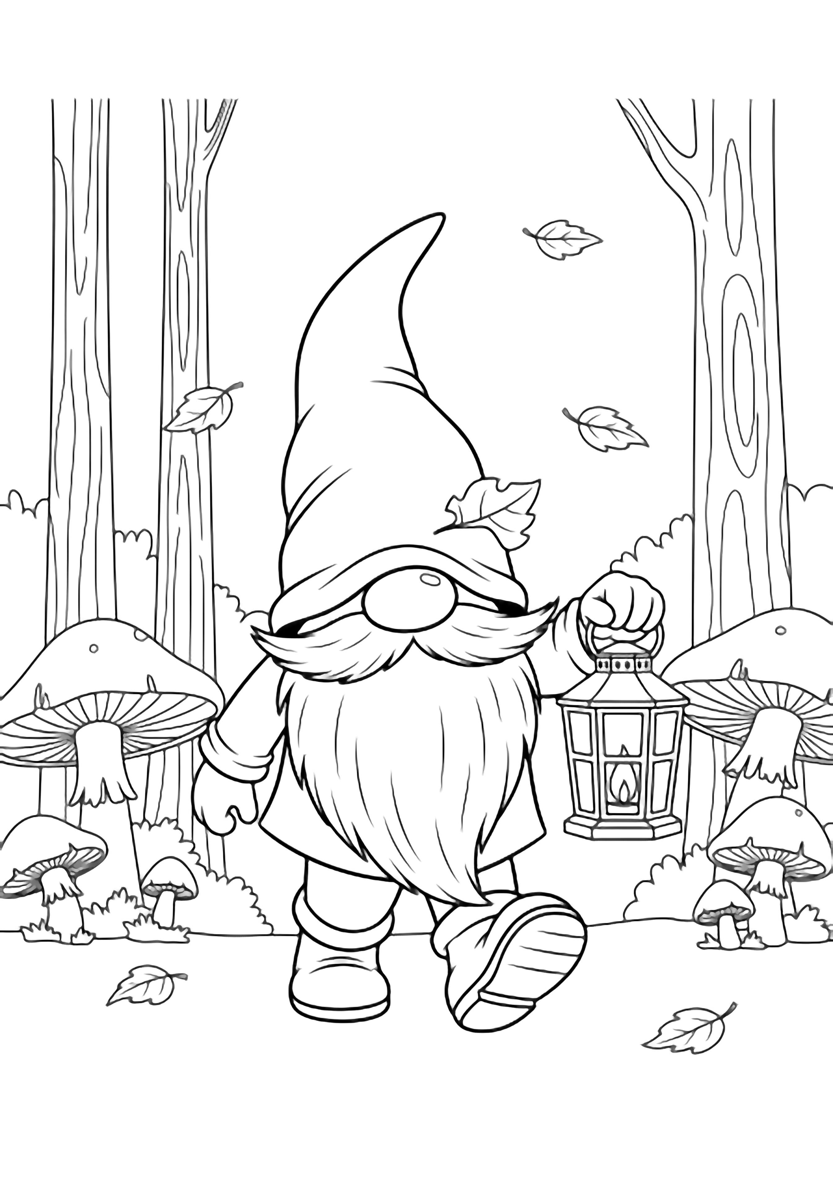 A cheerful gnome with a tall open hat walks forward holding a lantern, wearing chunky boots, flowing beard, surrounded by tall slender trees, oversized mushrooms, and drifting leaves. kleurplaat