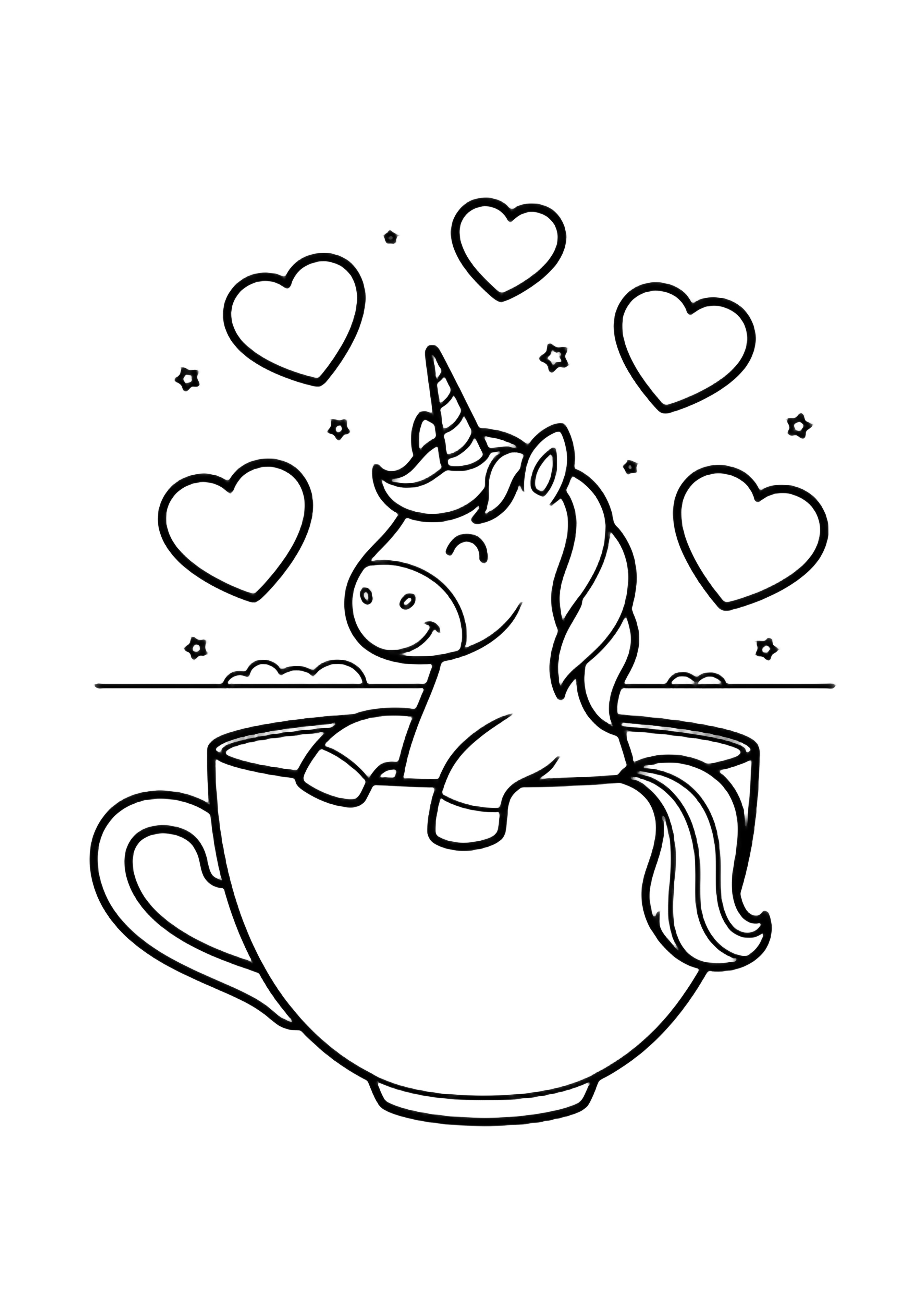 A smiling unicorn sits inside a giant teacup, five hearts floating around, tiny stars and a horizon line behind. kleurplaat