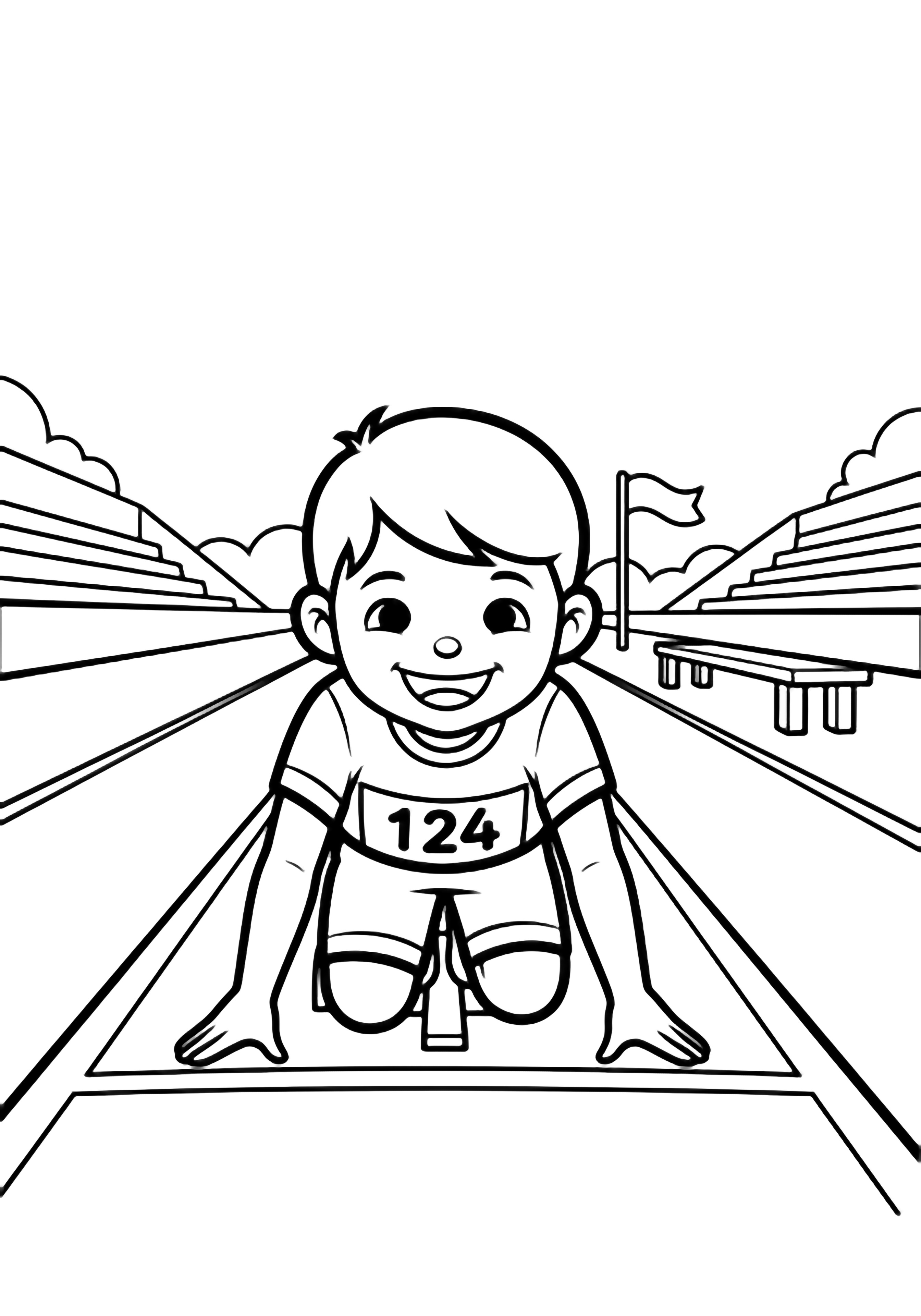 A young athlete crouched at the starting line on an empty track lane, wearing a numbered bib, with distant stadium bench and flag. kleurplaat
