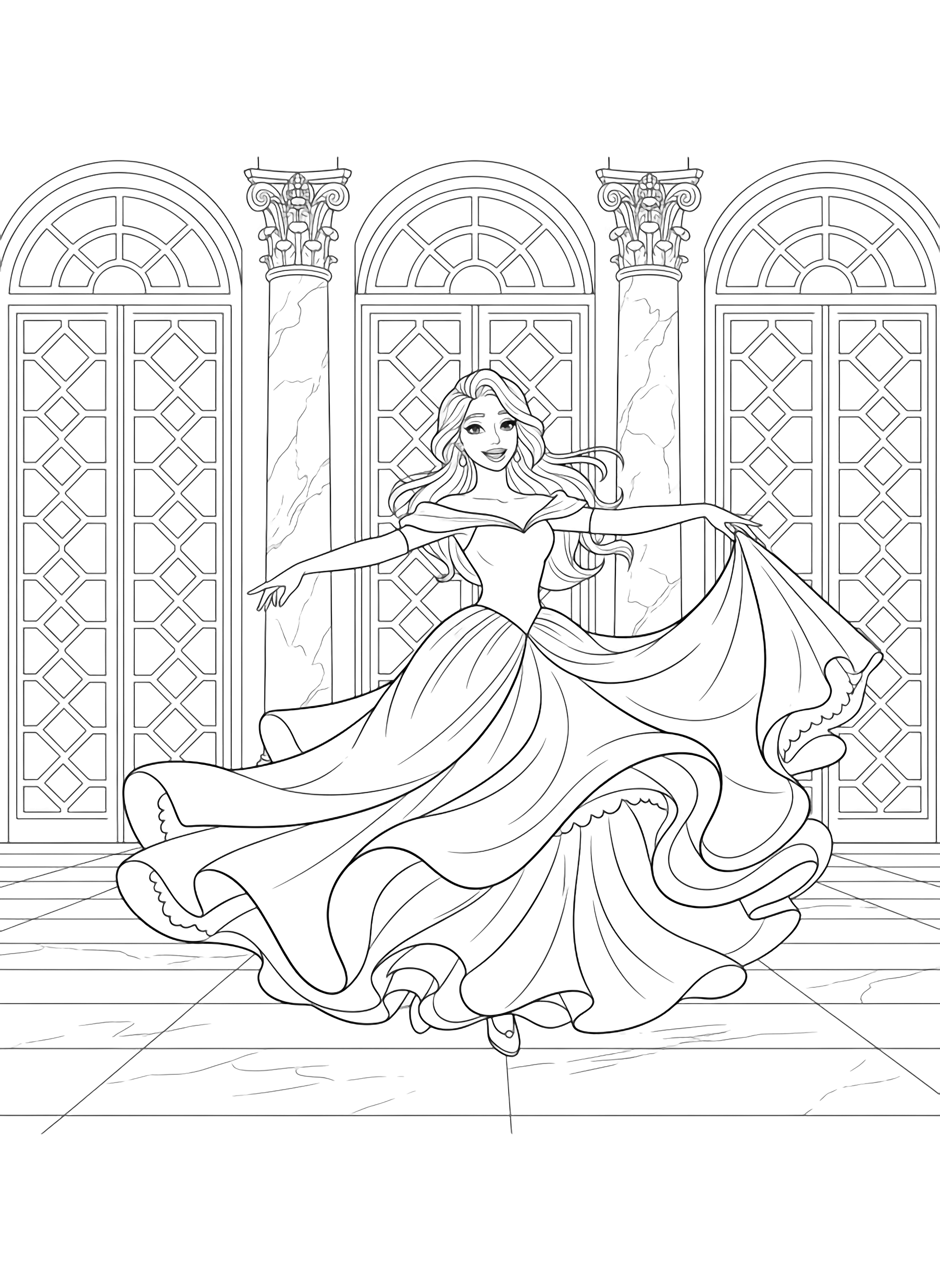 A black and white page of a graceful princess twirling happily in the grand ballroom of her palace She wears an elegant gown with flowing layers that swirl around her as she dances her long hair cascading in gentle waves The ballroom features tall arched windows with decorative patterns marble columns with ornate designs and a clean black and white line drawing minimal shading no colour no fill kleurplaat
