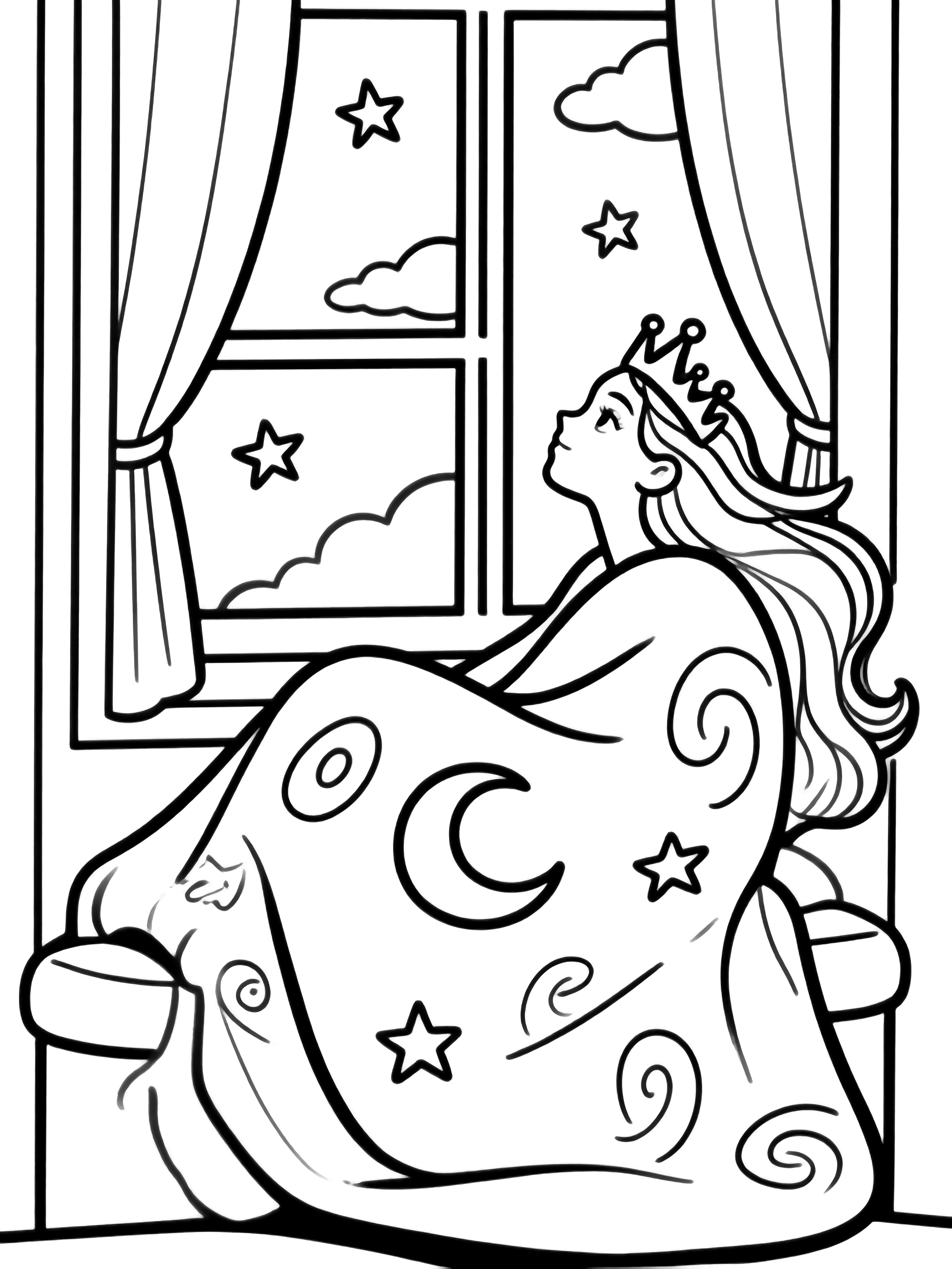 Cosmic Queen reclines on a cushioned window seat, hair drifting upward; blanket patterned with stars, moons, swirls; open curtains reveal tiny stars and clouds beyond the simple frame. kleurplaat