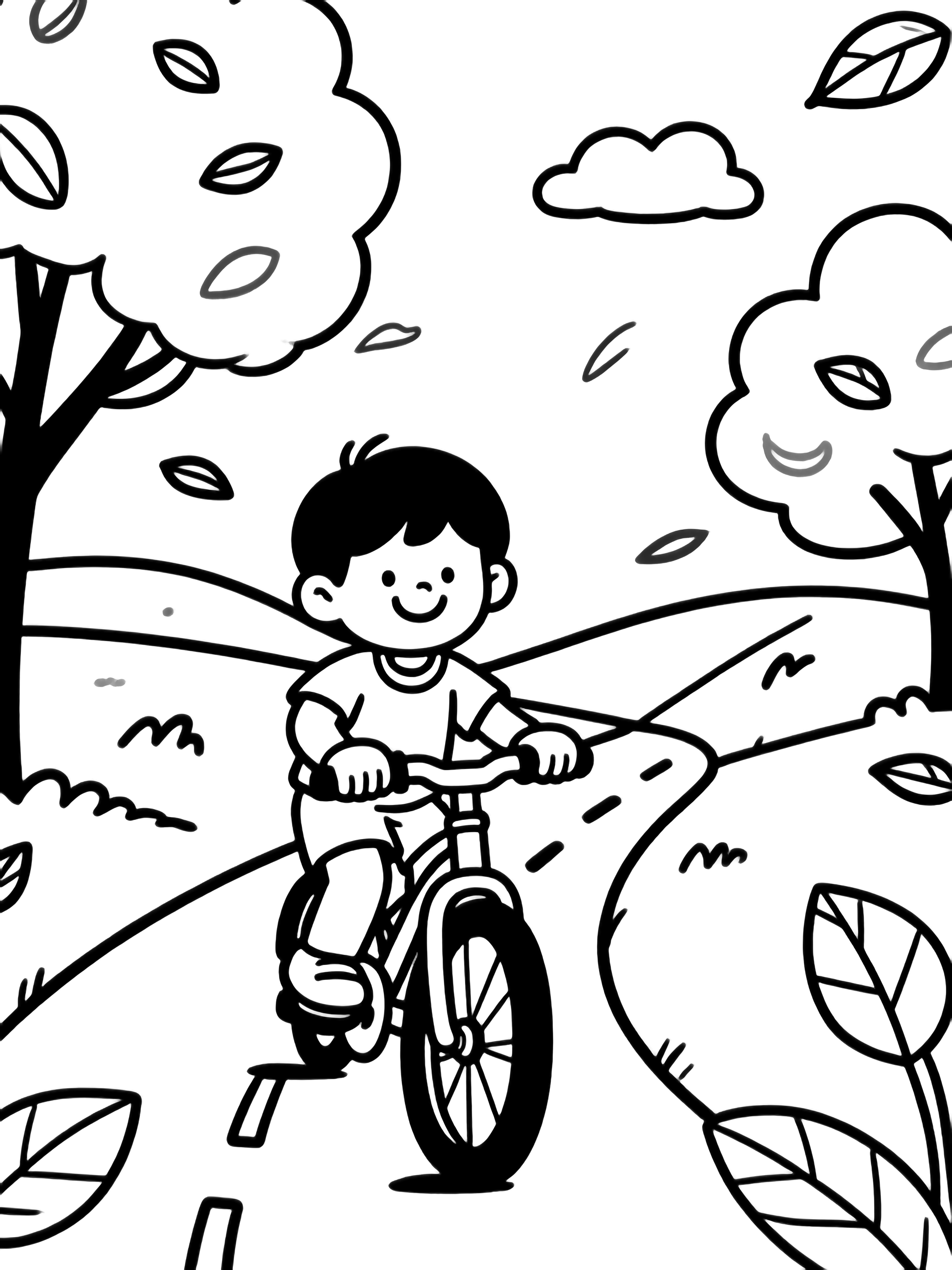 Smiling child pedals a bicycle along a winding road, trees and drifting leaves nearby, gentle hills and fluffy clouds. kleurplaat