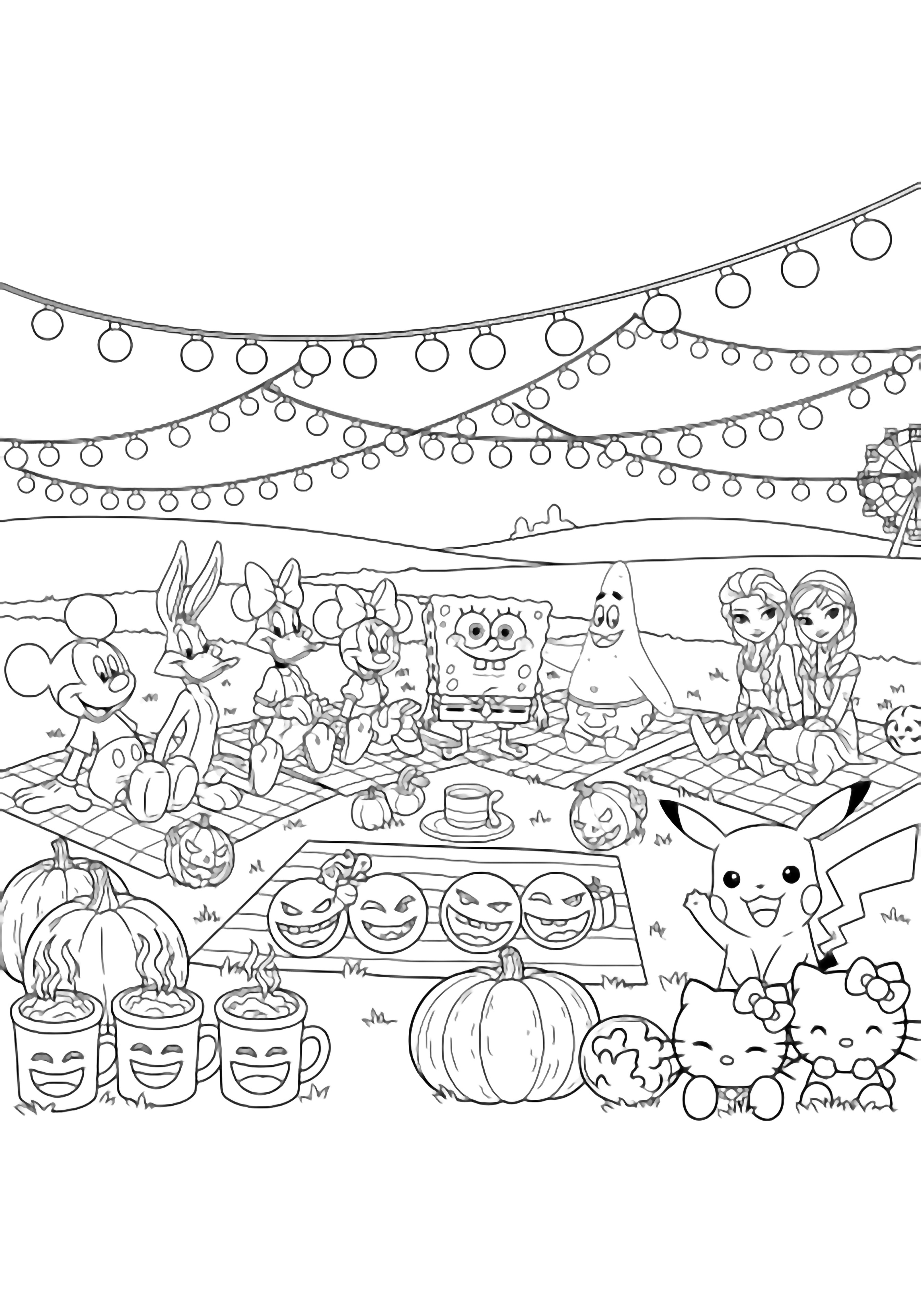 Mickey, Minnie, Bugs, Daffy, SpongeBob, Patrick, Elsa, Anna, Pikachu and Hello Kitty picnic under fairy lights, mugs and pumpkins nearby, distant Ferris wheel on horizon. kleurplaat