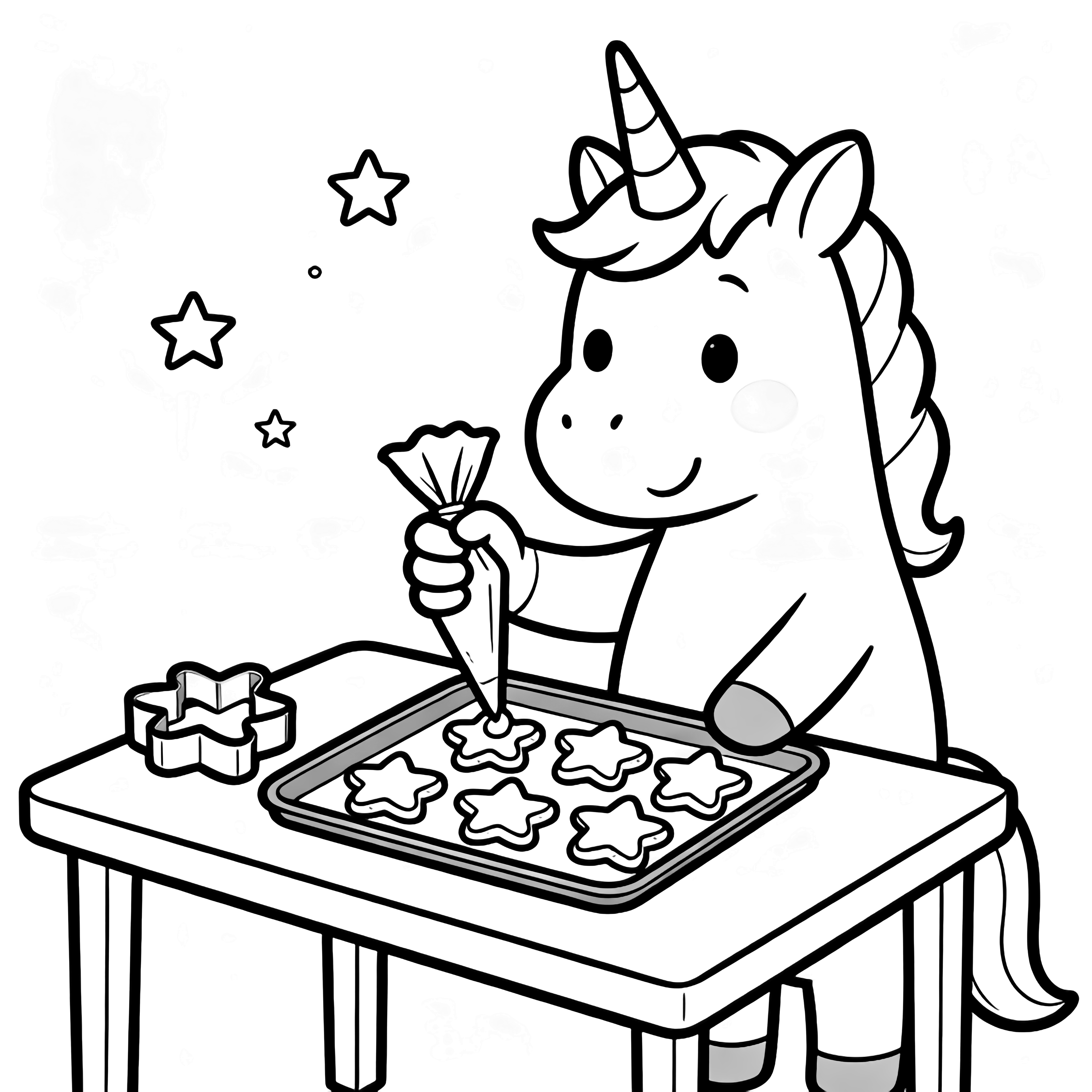 A cheerful unicorn decorates star-shaped cookies at a small table, piping bag in hoof, with a cookie cutter and drifting stars around. kleurplaat