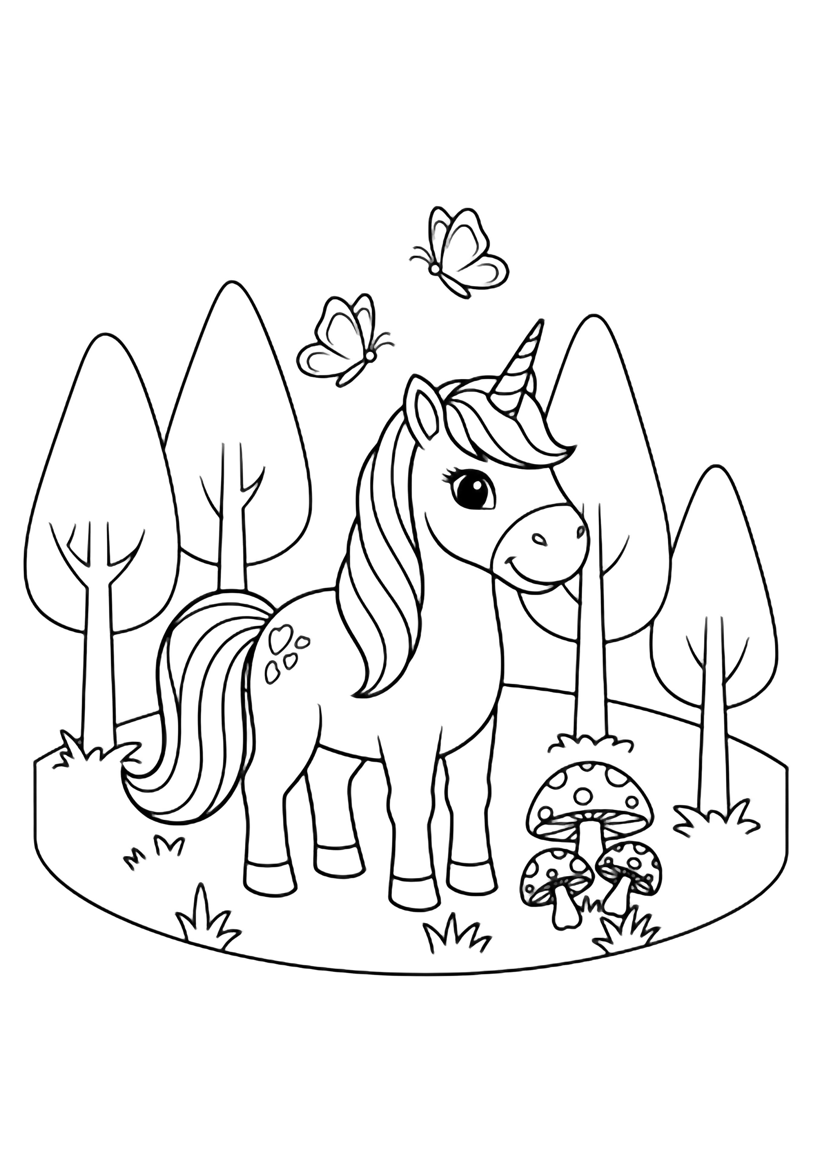 A smiling unicorn in a forest clearing with butterflies above its mane and three round-capped mushrooms at its hooves, framed by trees. kleurplaat