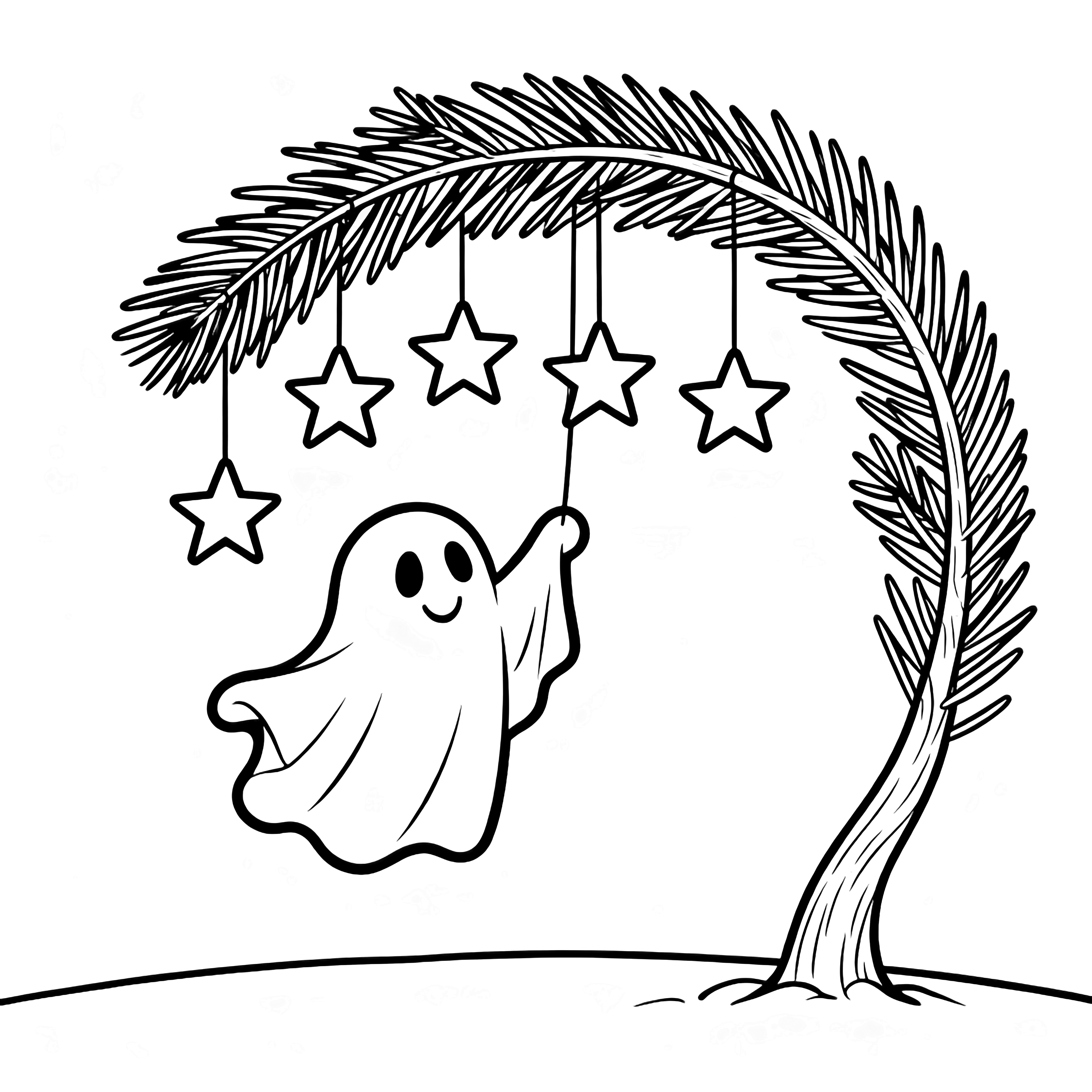 Tiny ghost with sheet-eyes stretches to hang stars on a curved pine branch above bare ground. kleurplaat