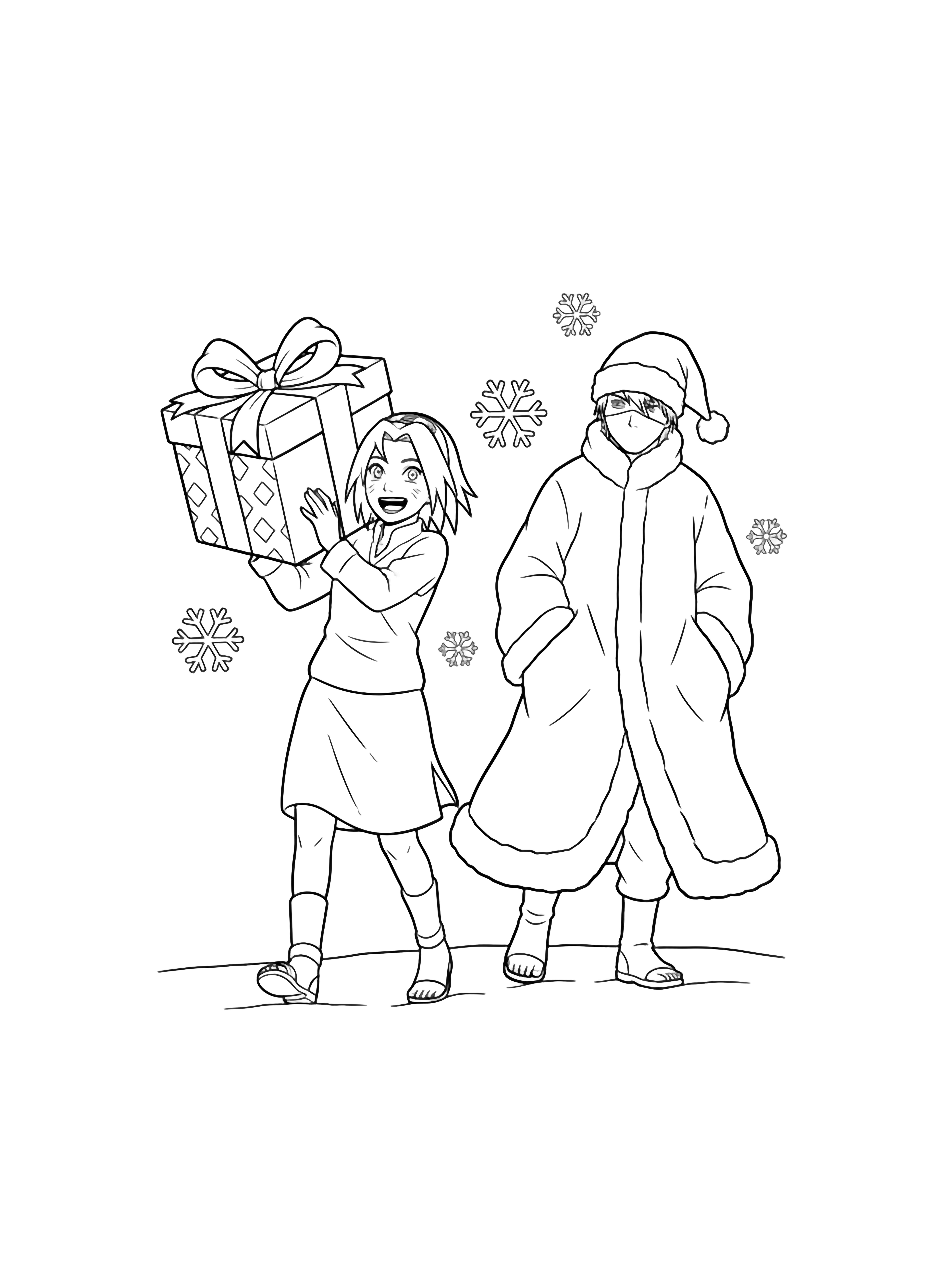 Sakura stapt glimlachend vooruit met een enorme doos met een strik op haar schouder; Kakashi loopt achter haar in een slappe kerstmanjas en muts, handen in zijn zakken, terwijl sneeuwvlokjes neerdwarrelen boven de besneeuwde grond. kleurplaat
