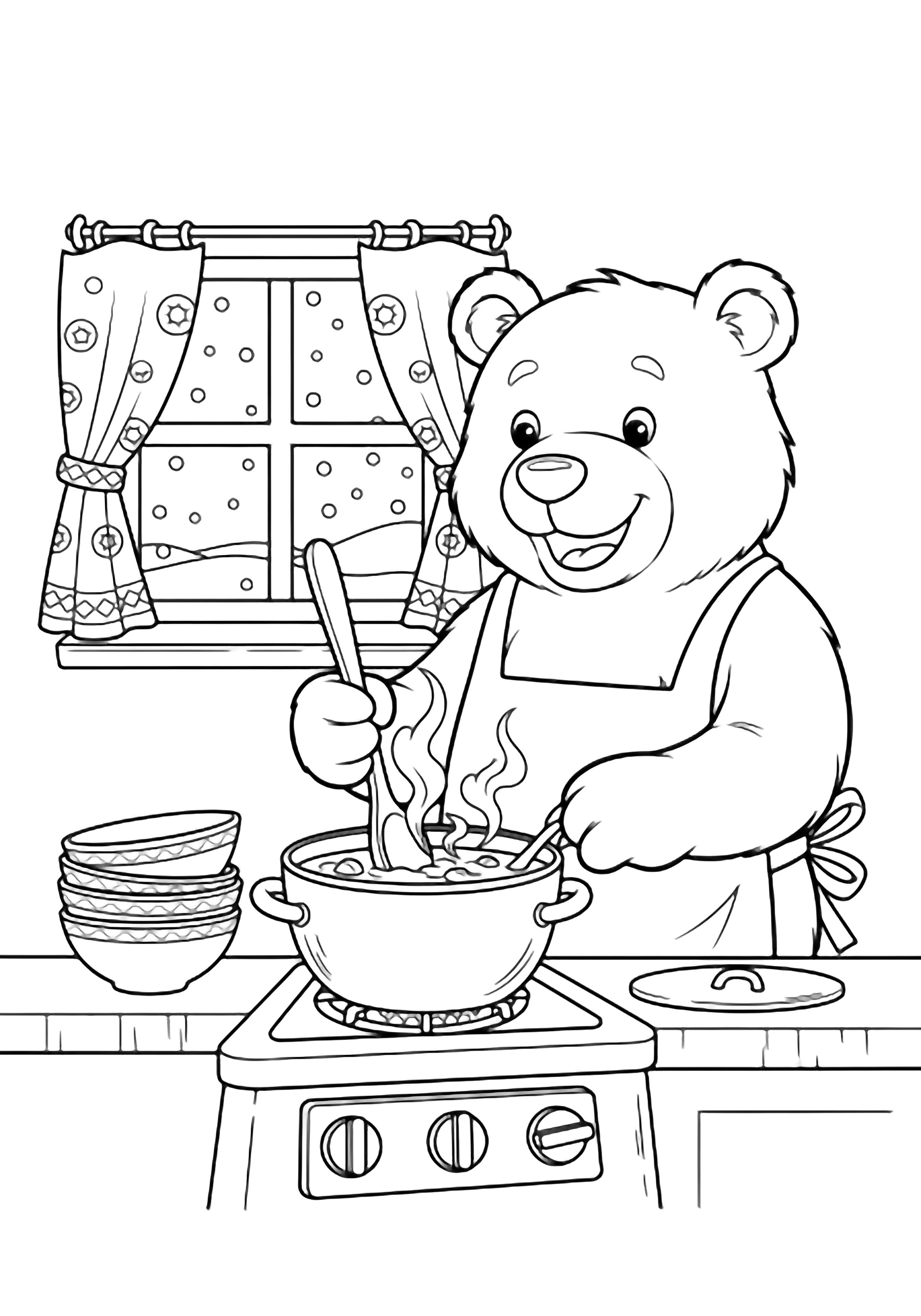 A smiling bear in an apron stirs soup at a stove; snow falls beyond curtained window, wooden spoon and stacked bowls nearby. kleurplaat