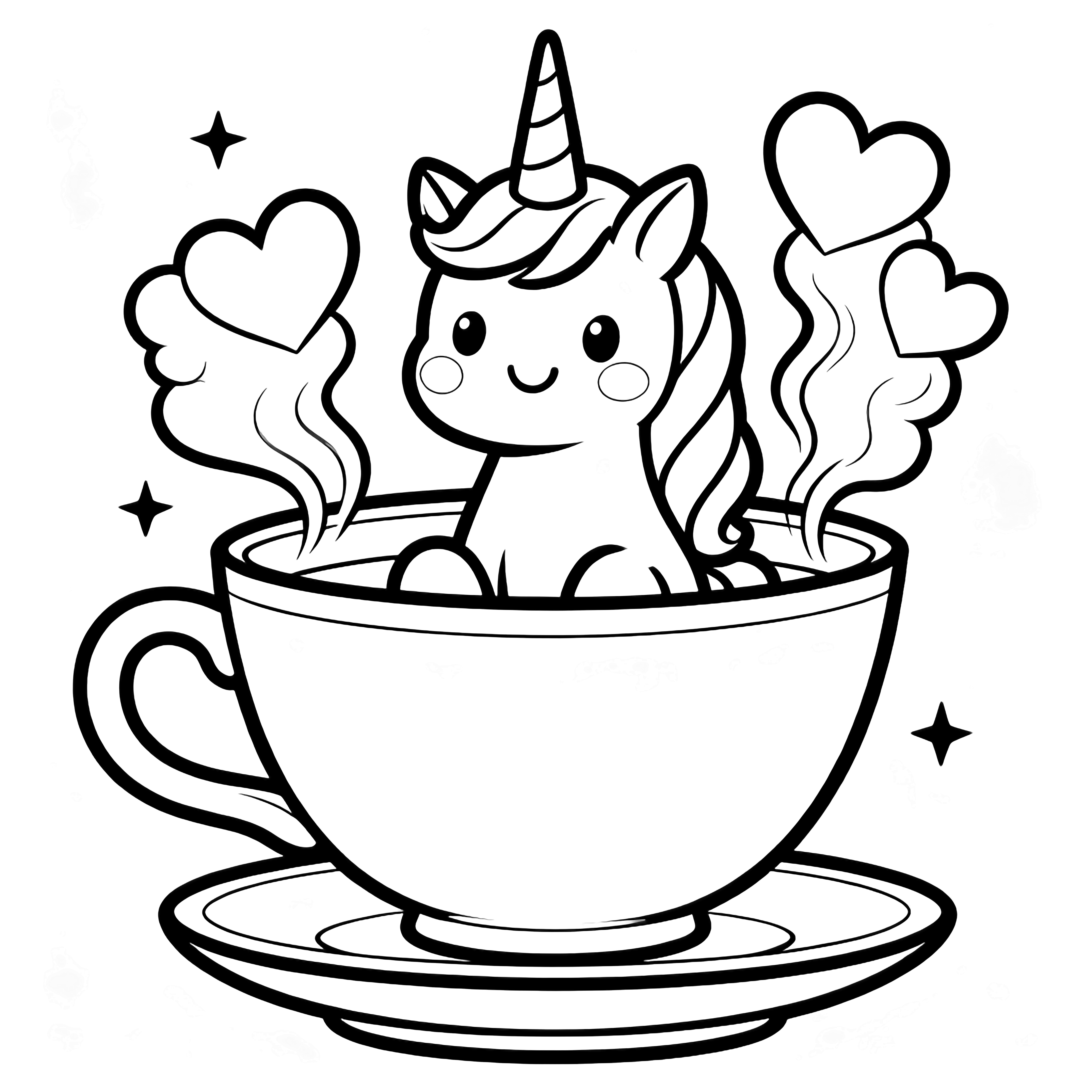 A smiling unicorn sits inside a giant teacup, steam hearts rising, saucer below, tiny stars floating around. kleurplaat