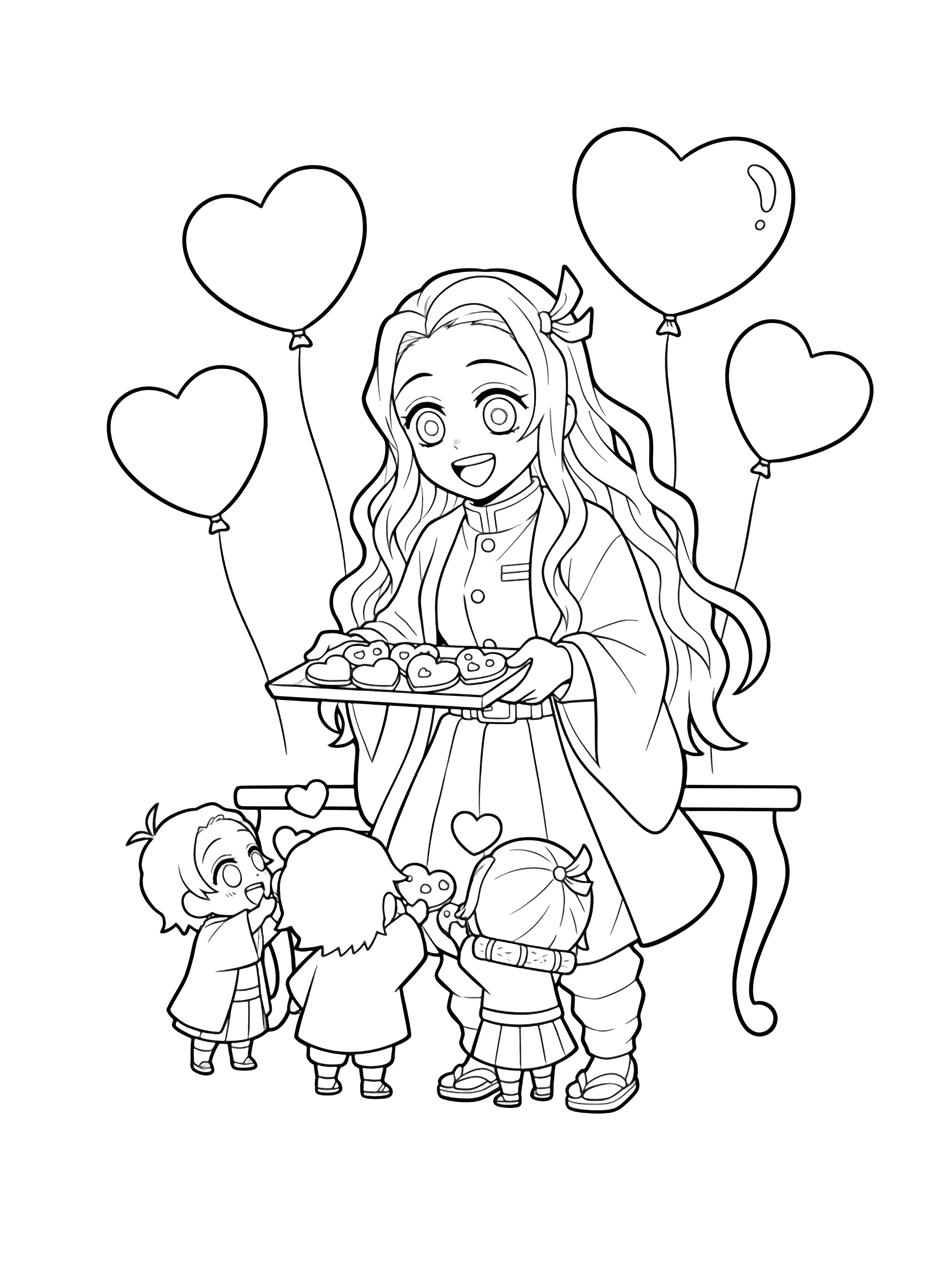 Mitsuri Kanroji offers heart cookies to three chibi friends, her wavy hair flowing; heart balloons float above a table edge. kleurplaat