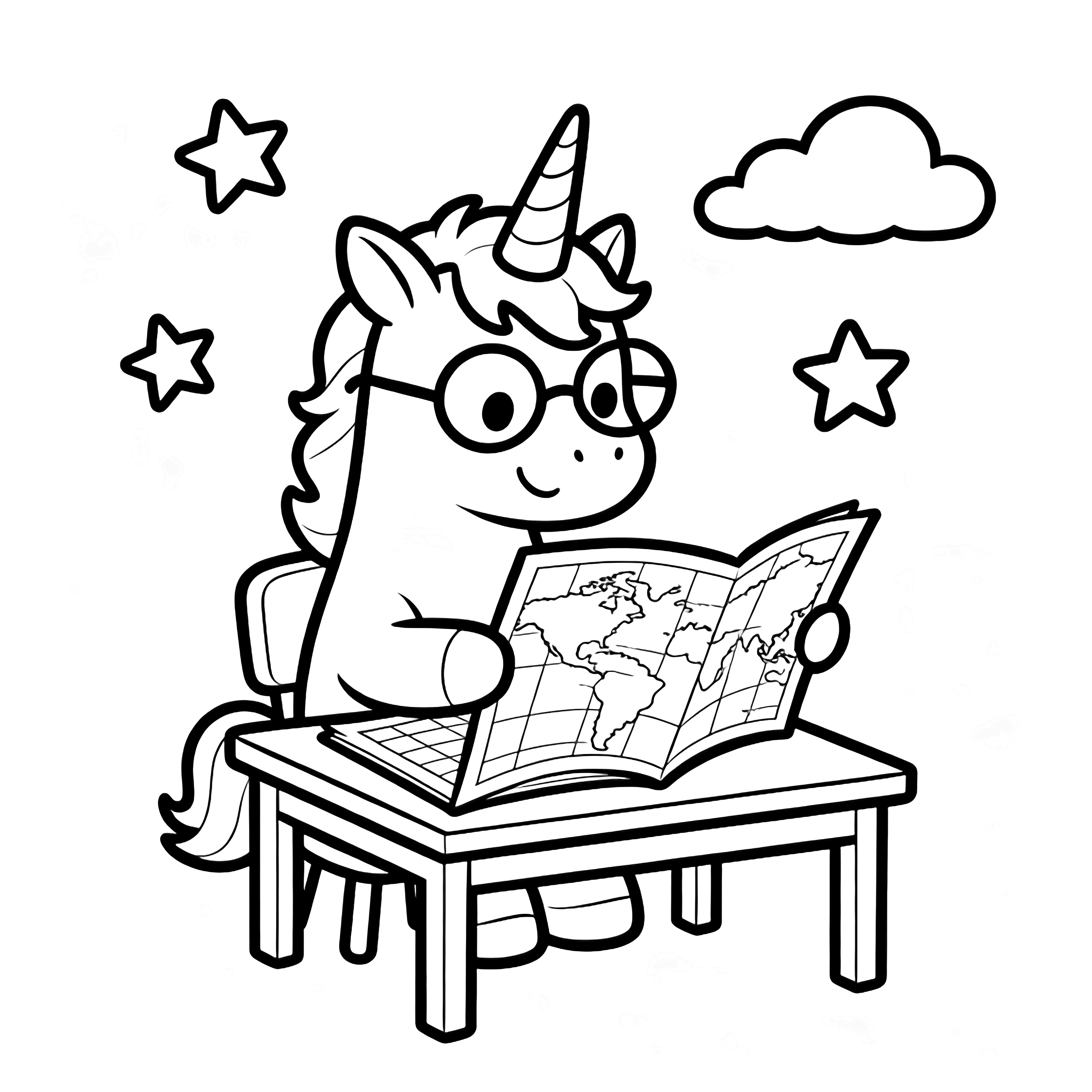 A bespectacled unicorn sits at a tiny desk studying a large open map, with simple stars and clouds floating behind. kleurplaat
