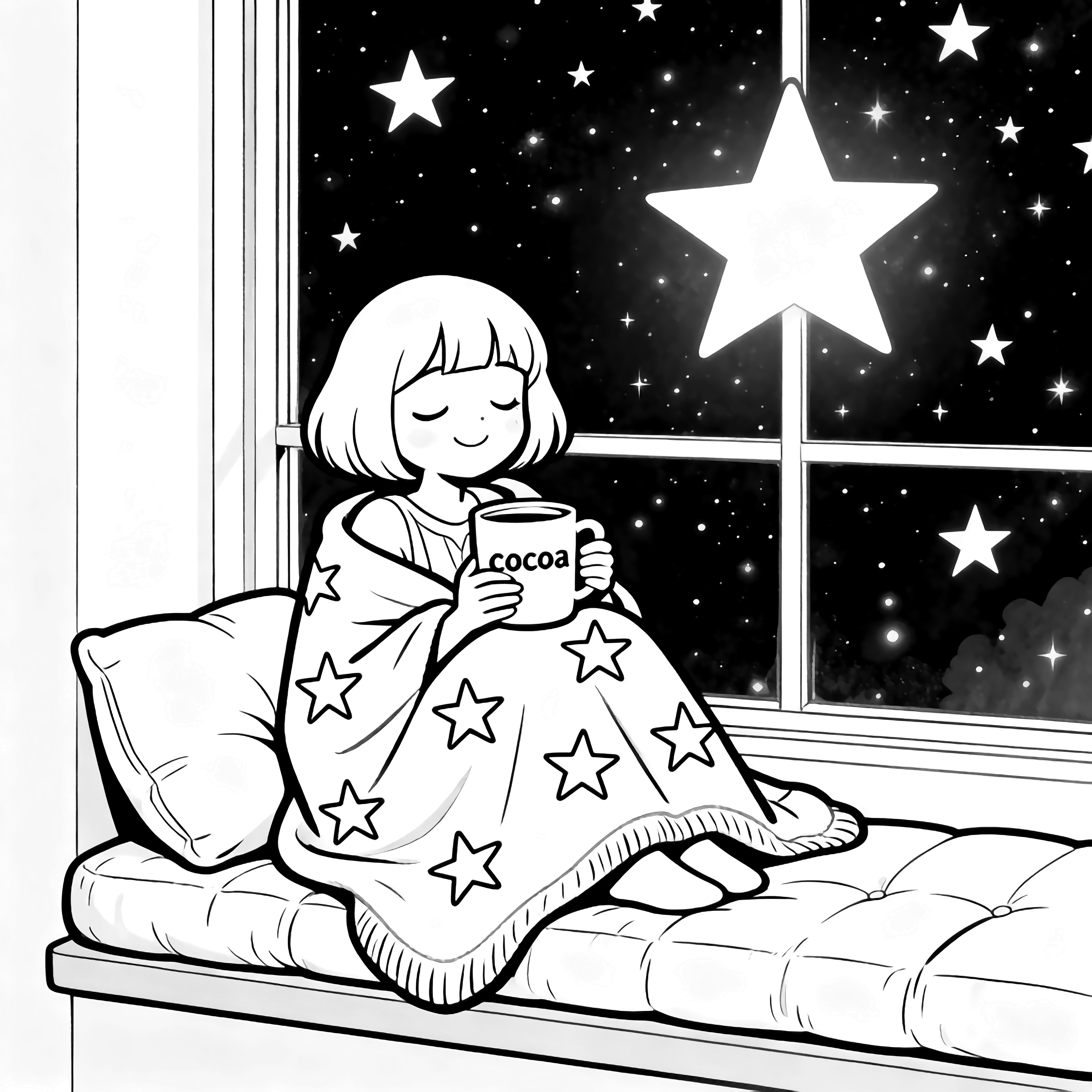Cosmic Queen on a cushioned window seat, hugging a star-patterned blanket and cradling a "cocoa" mug, smiling as stars glow through the window behind her. kleurplaat
