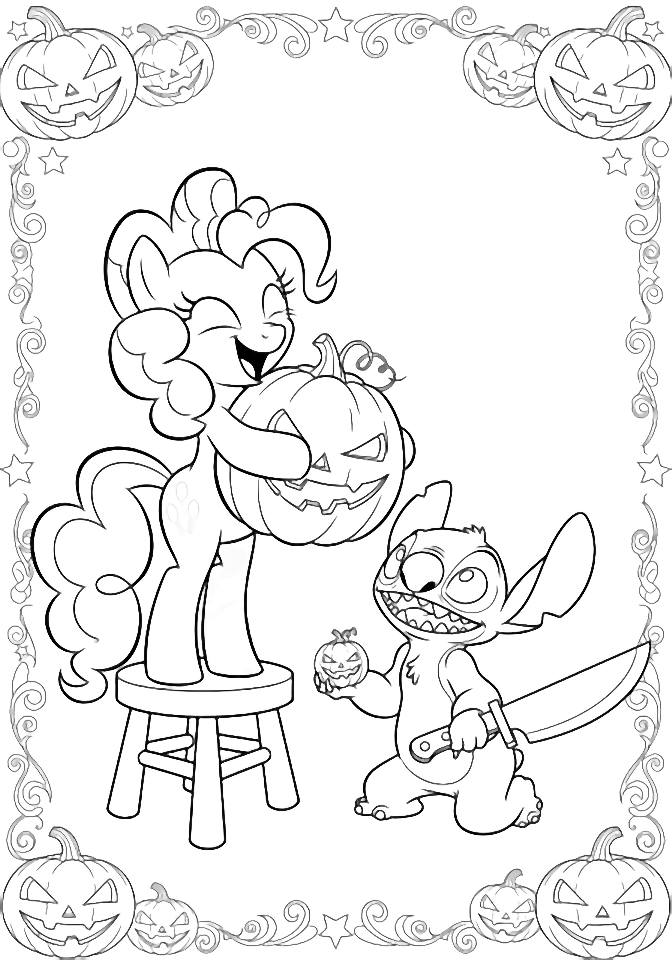 Pinkie Pie on a stool hugs a huge pumpkin; Stitch kneels with a tiny pumpkin and knife, jack-o-lanterns and stars swirling around them in a cheerful Halloween scene. kleurplaat