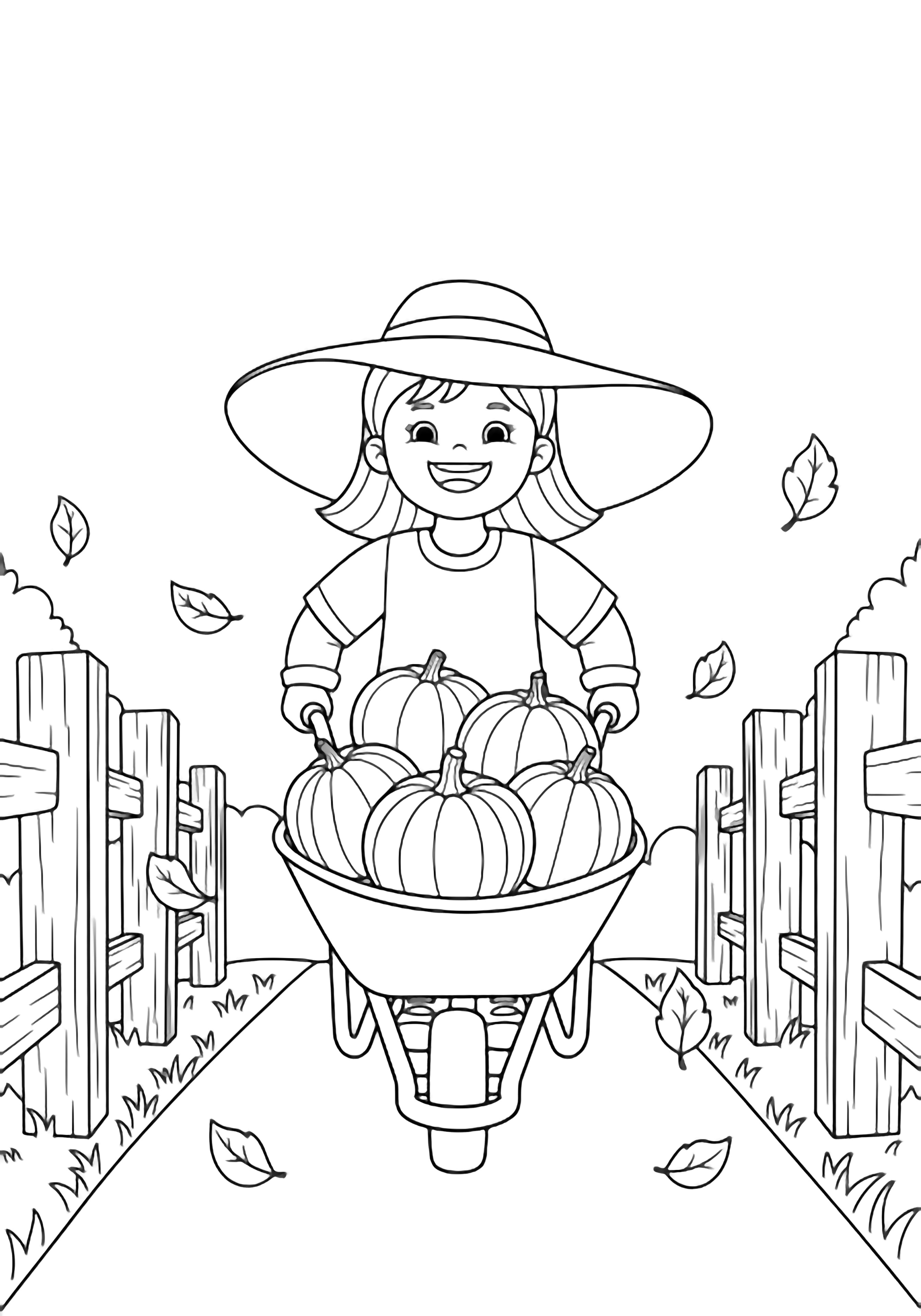 A cheerful girl in a floppy hat pushes a wheelbarrow stacked with five pumpkins along a garden path lined with fence posts and drifting autumn leaves. kleurplaat