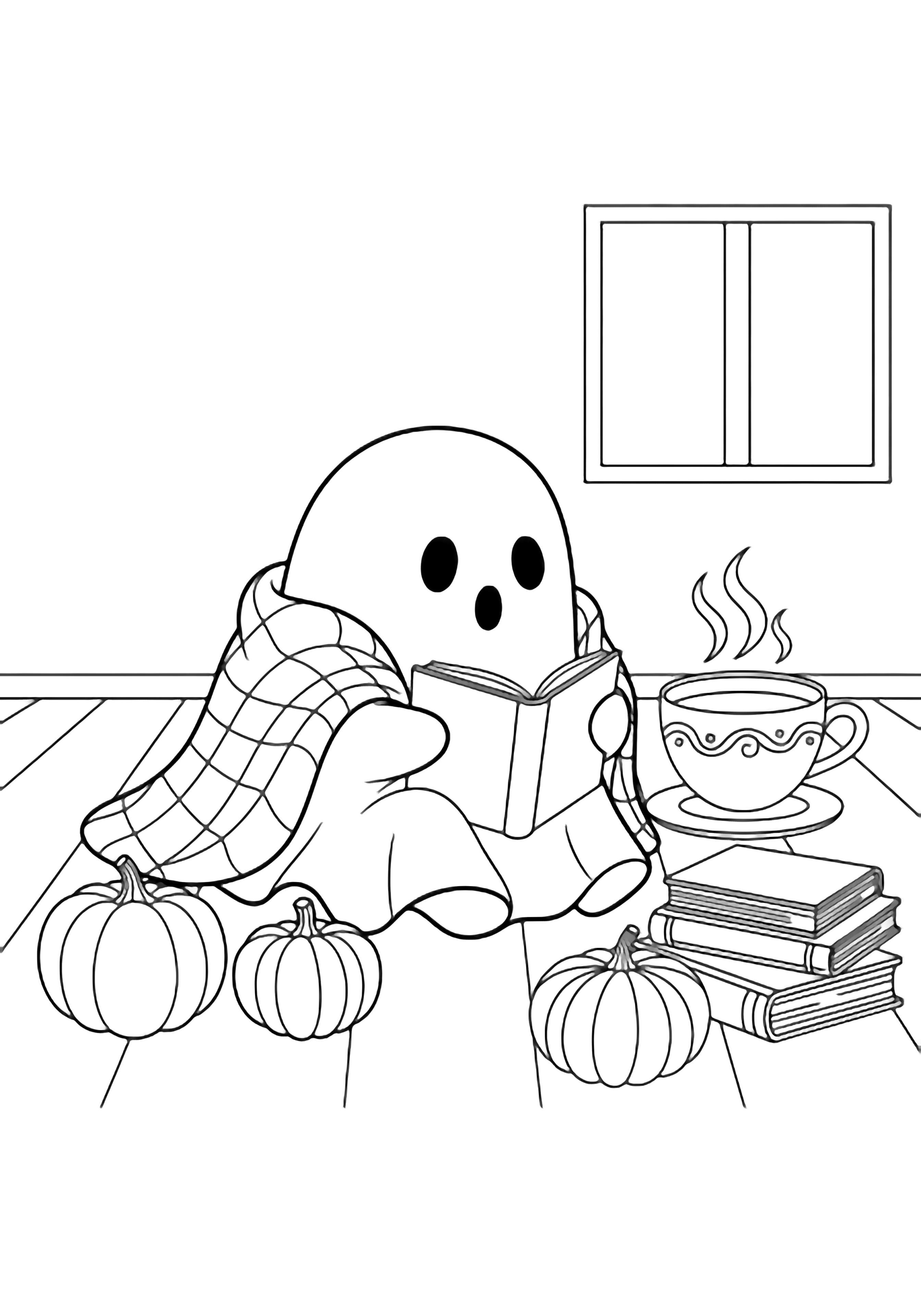 A cute ghost wrapped in a blanket reads a book beside a steaming teacup, pumpkins and stacked books scattered on floorboards near a window. kleurplaat