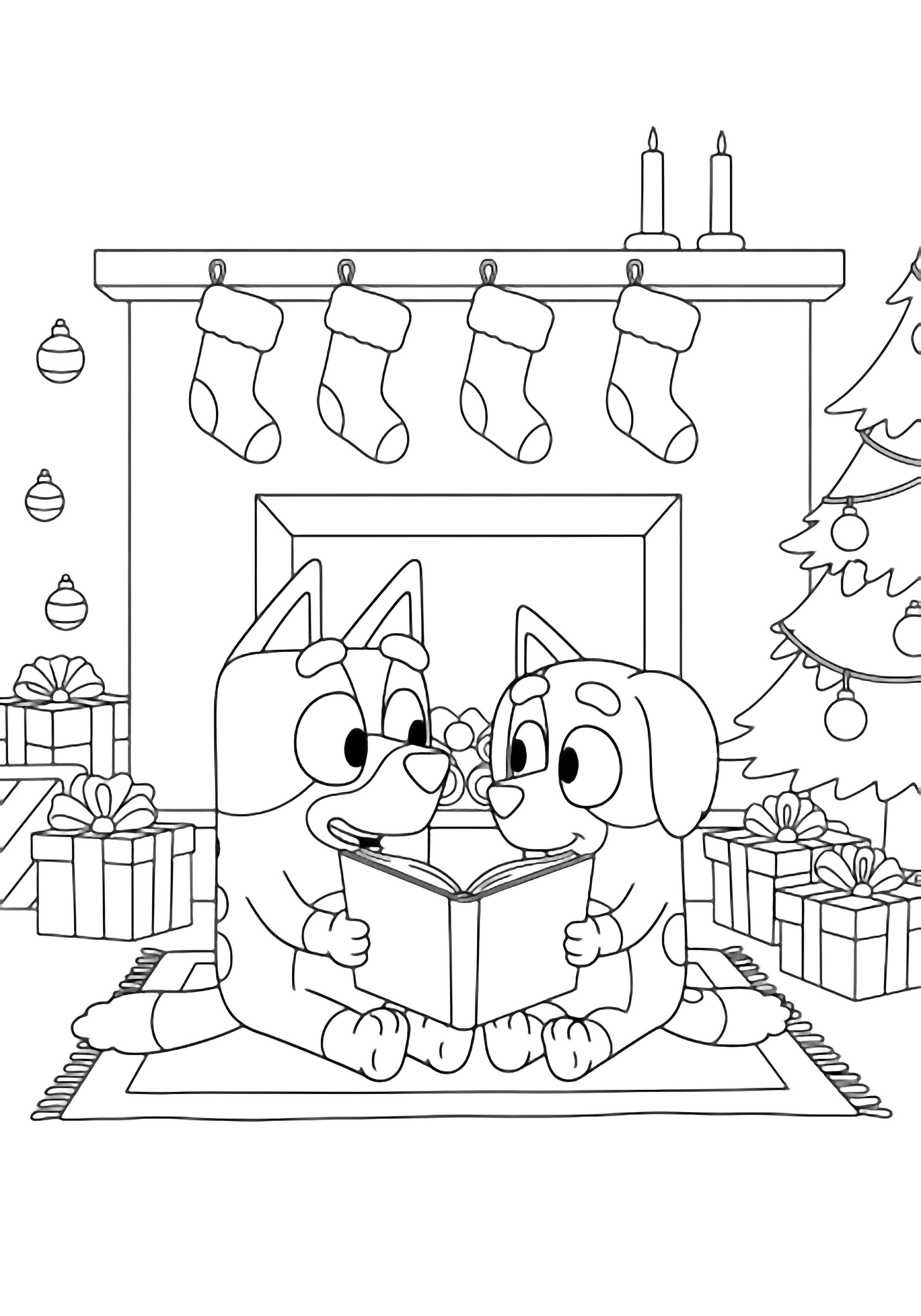 Bandit and Chilli sit on a rug by a fireplace with stockings; Bandit shows an open book to Chilli, both smiling, while a tree, gifts, and ornaments surround them. kleurplaat