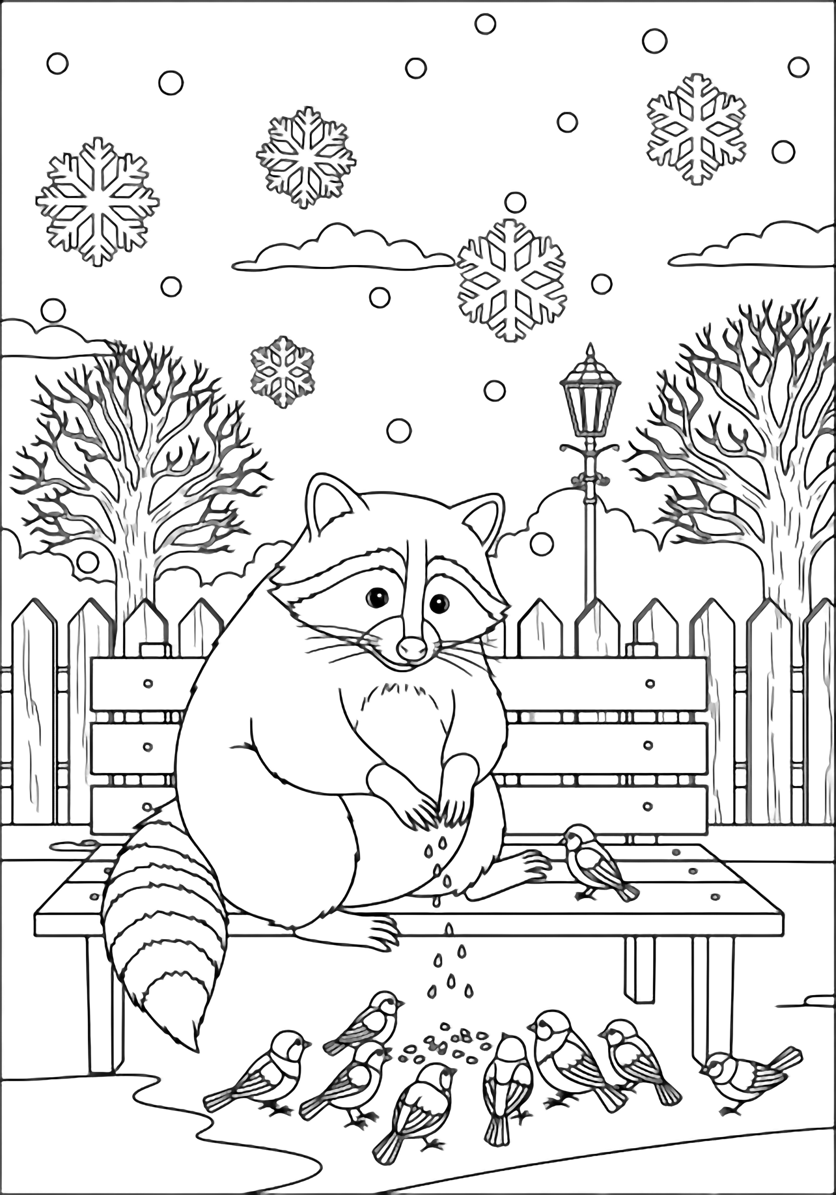 Plump raccoon on park bench scattering seed for small birds, snowflakes above bare trees, lamppost and fence. kleurplaat