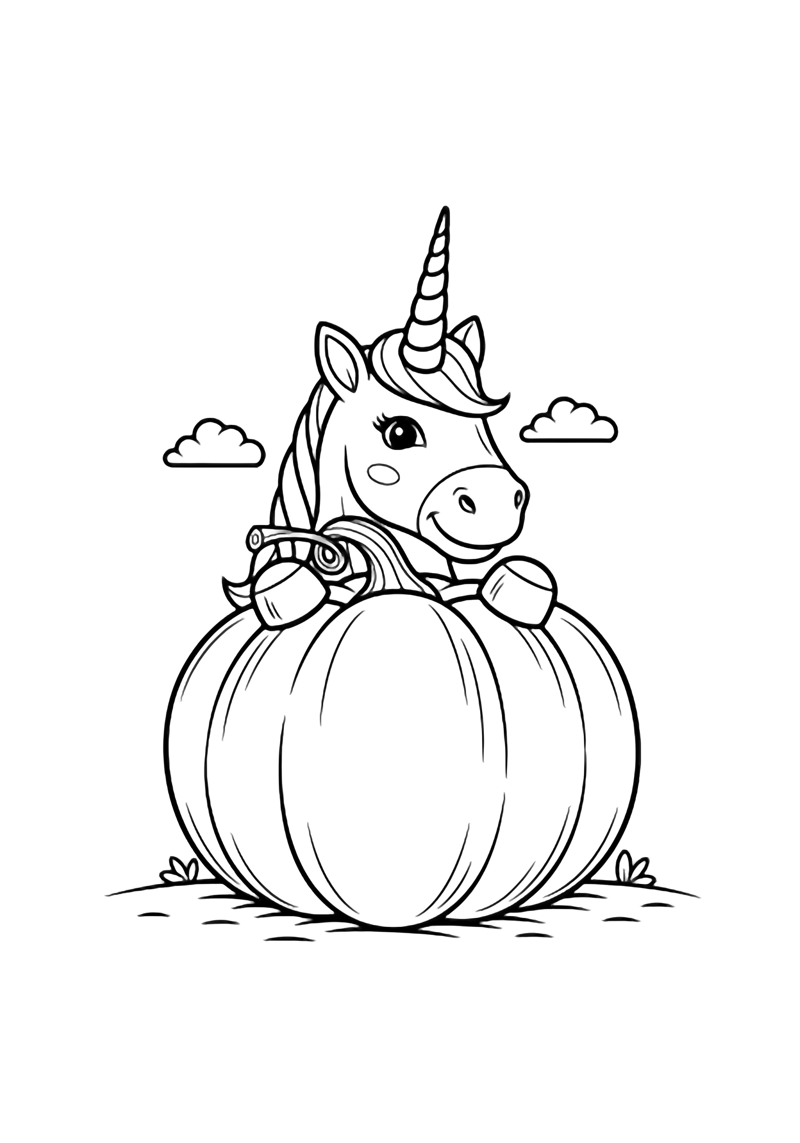 A smiling unicorn with a spiraling horn peeks from behind a large round pumpkin; tiny clouds float above a simple ground line. kleurplaat