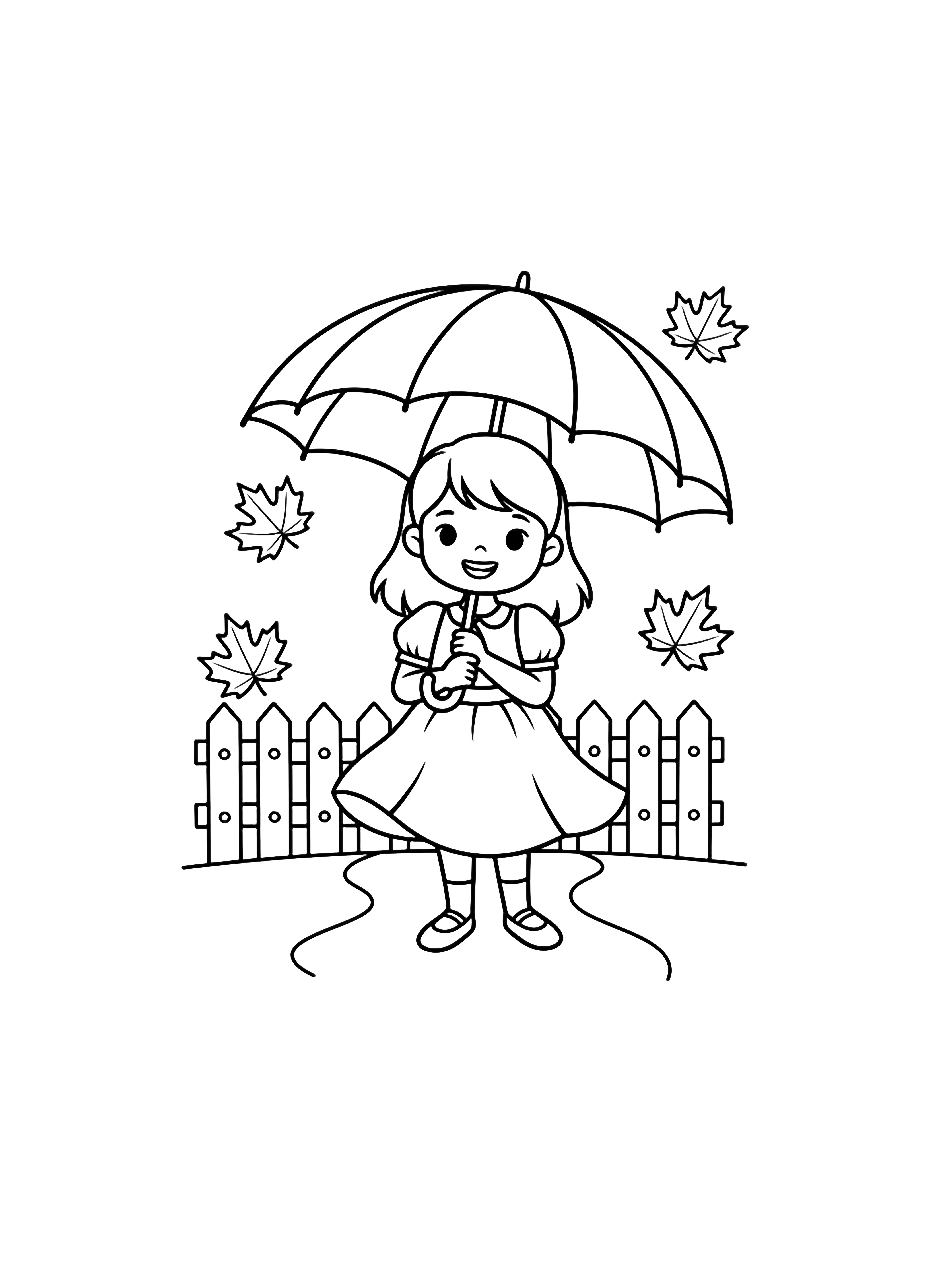 A smiling little girl under an umbrella, five drifting maple leaves, low picket fence behind, simple path beneath. kleurplaat