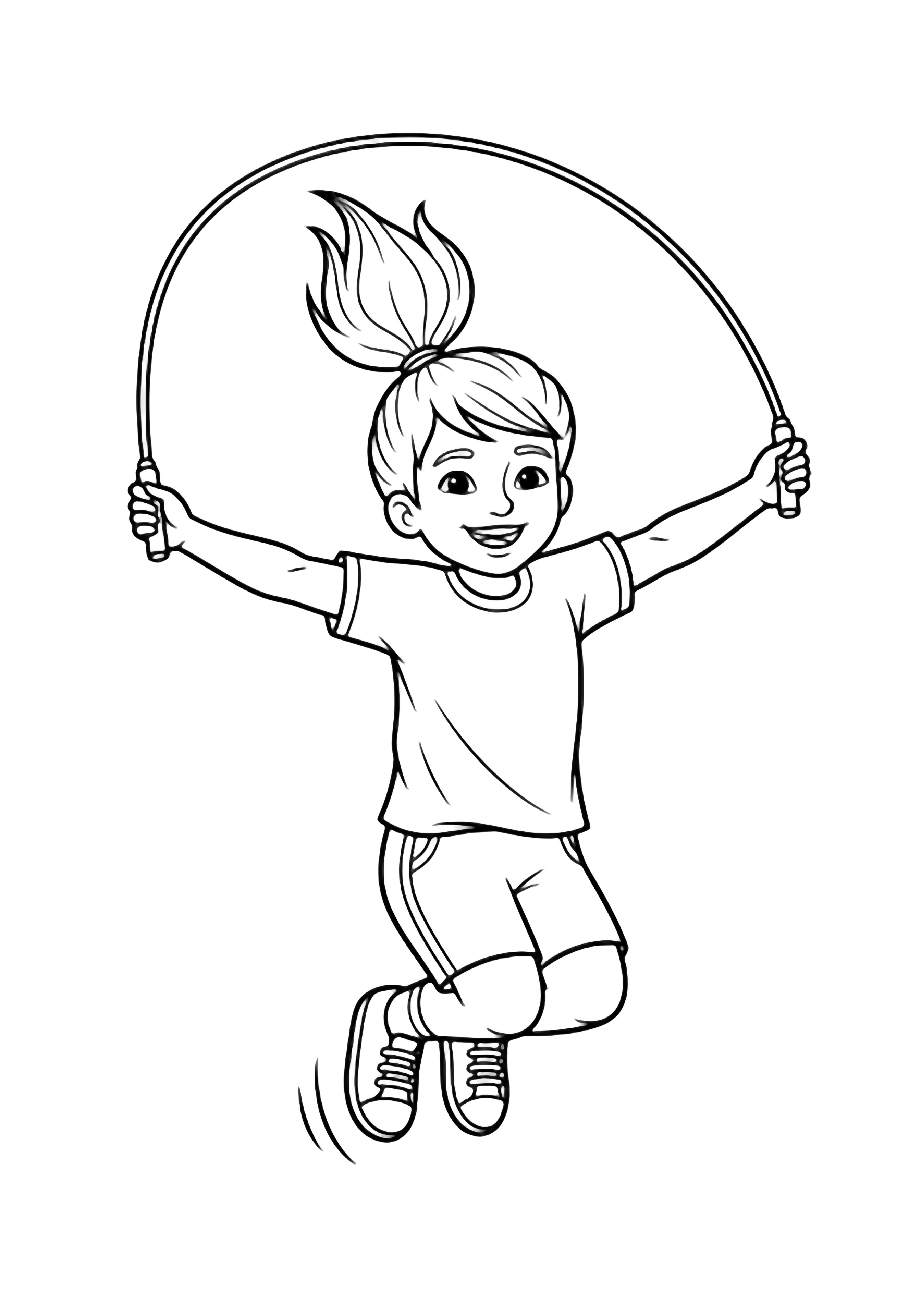 A joyful child leaps mid-air, ponytail and rope swirling, sneakers lifted, arms spread wide against empty white space. kleurplaat