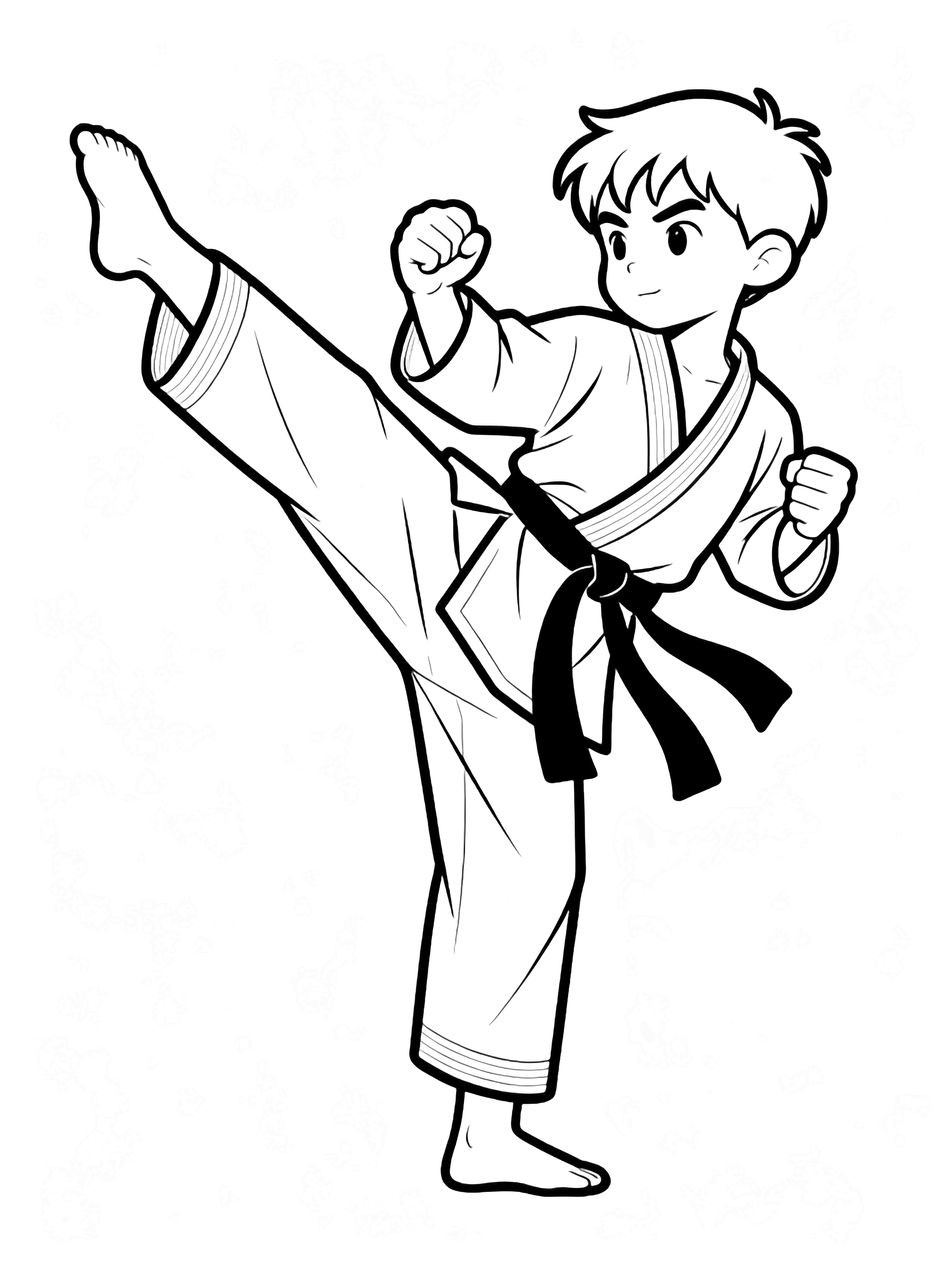 A confident young karate student executes a high side kick, arms strong, belt ends fluttering. kleurplaat