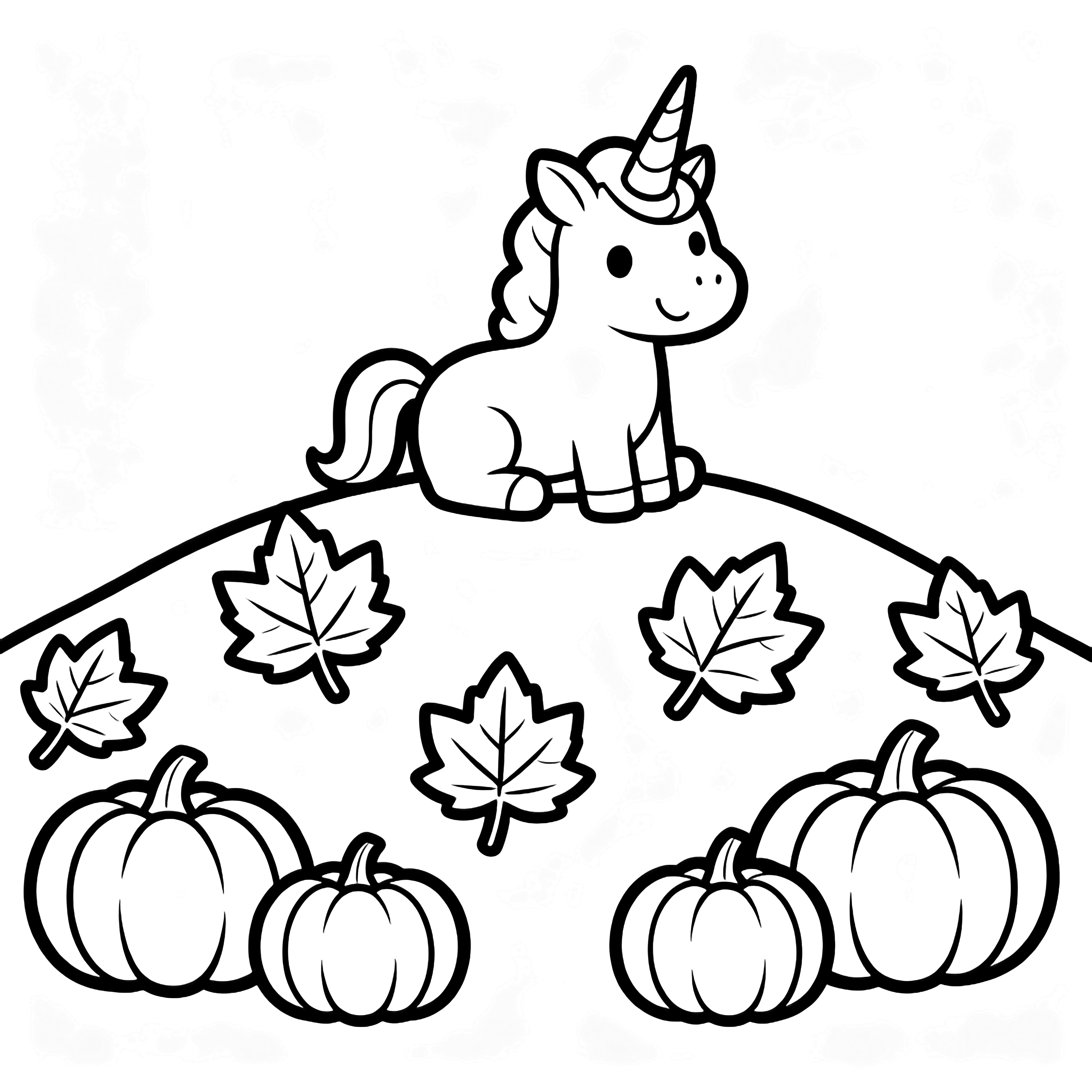 A smiling unicorn rests on a soft hill sprinkled with five large leaves and three plump pumpkins. kleurplaat
