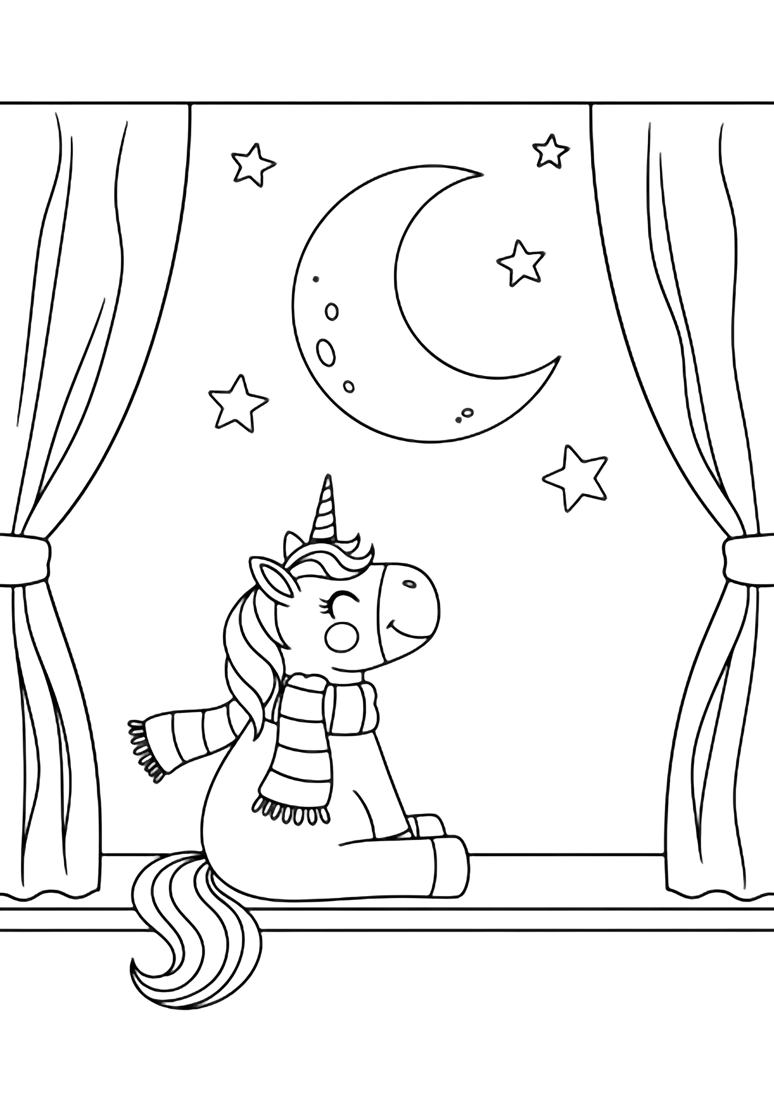 A smiling unicorn wearing a striped scarf sits on a narrow windowsill, gazing up at a large crescent moon while stars float in the sky and wavy curtains frame the scene. kleurplaat