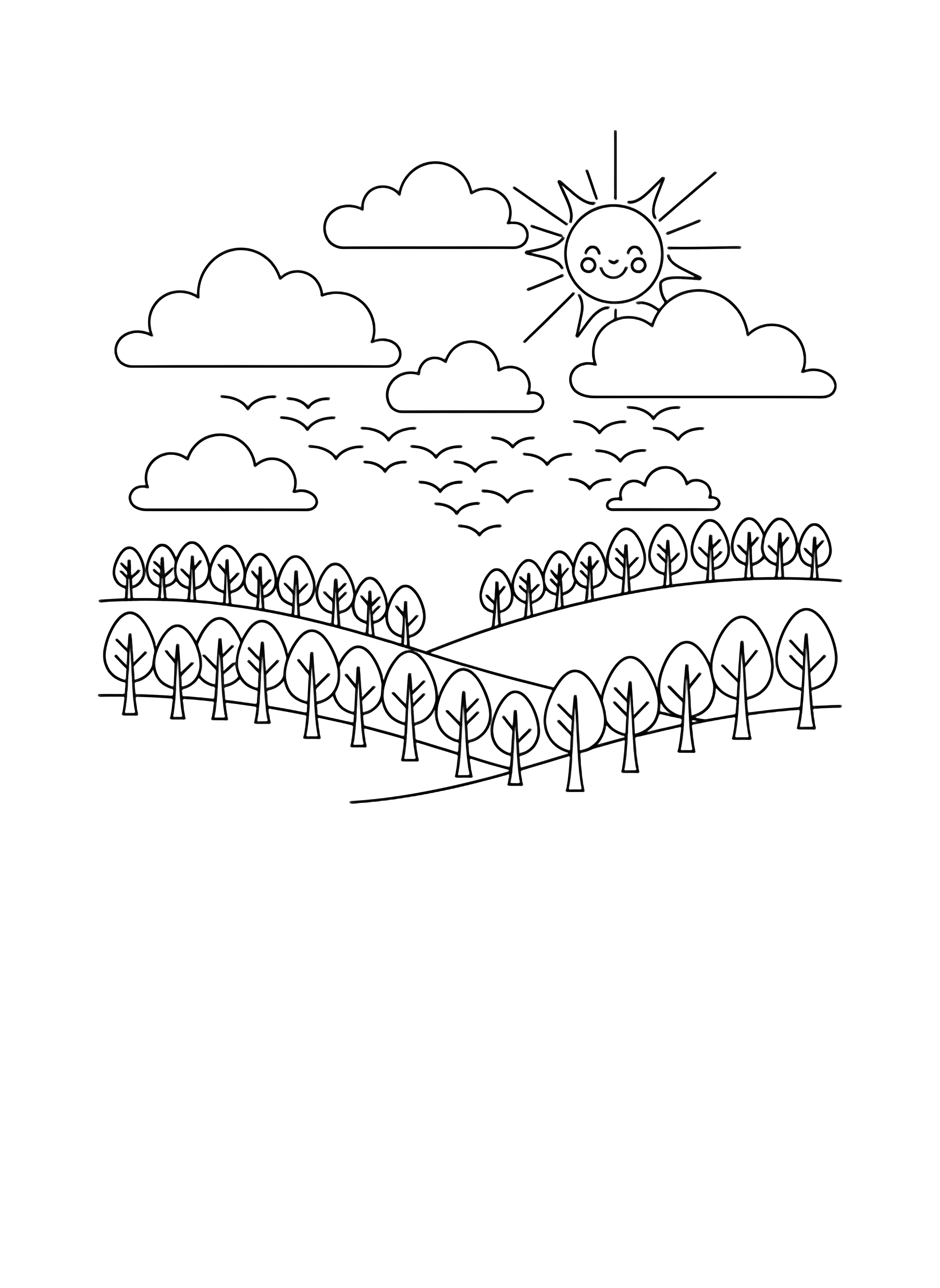 Birds flying in a V-formation over rolling hills with bare trees, fluffy clouds and a smiling sun above. kleurplaat