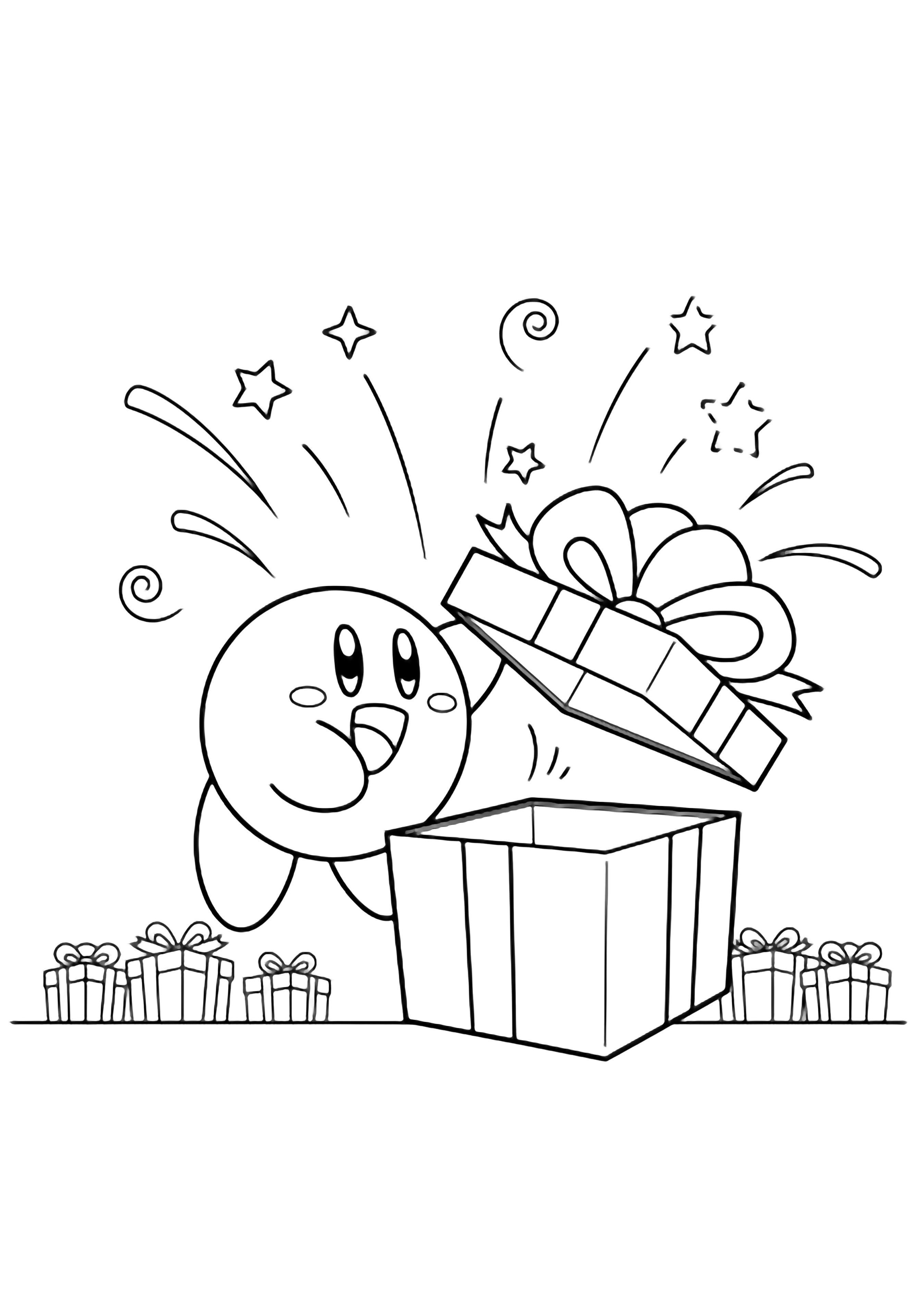 Kirby floats with mouth open in delight, tugging open a giant present; stars, swirls and burst lines explode upward, with small gift boxes behind on blank ground. kleurplaat