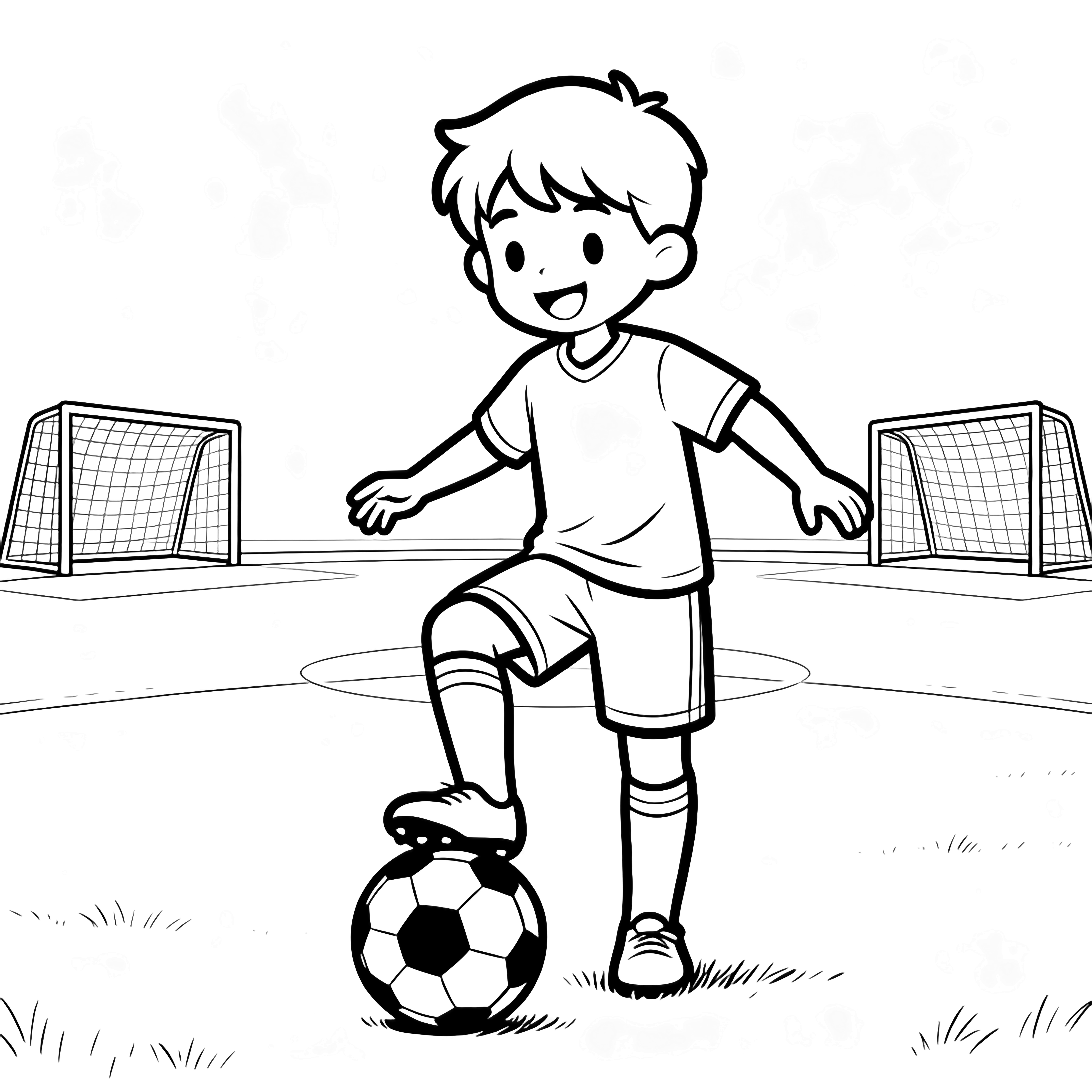 A cheerful young soccer player dribbles a ball mid-stride, arms out for balance, on a simple field with two distant goalposts. kleurplaat