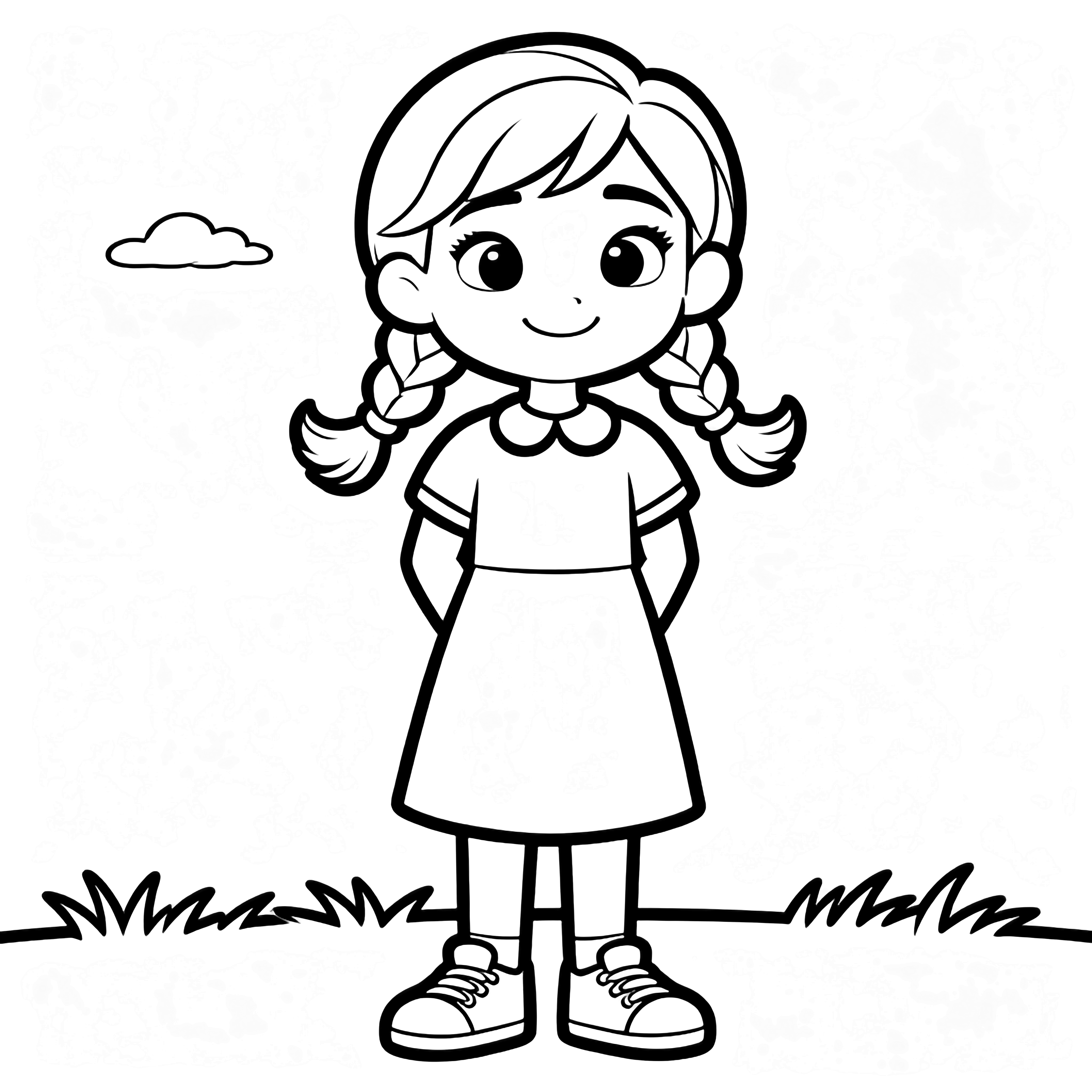 Anna stands centered, hands clasped behind her back, soft smile, two braids, simple dress, sneakers, minimal grass, tiny cloud above. kleurplaat