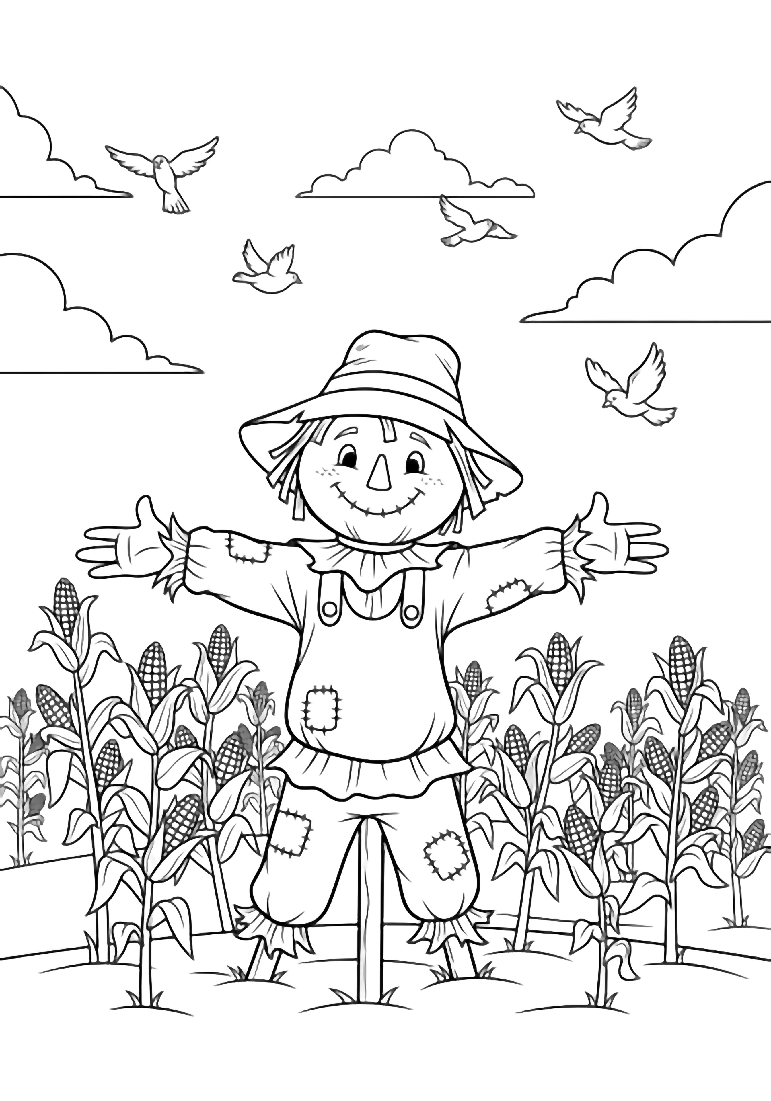 A friendly scarecrow with outstretched arms stands in a cornfield, flanked by cornstalks, clouds, and four birds soaring overhead. kleurplaat