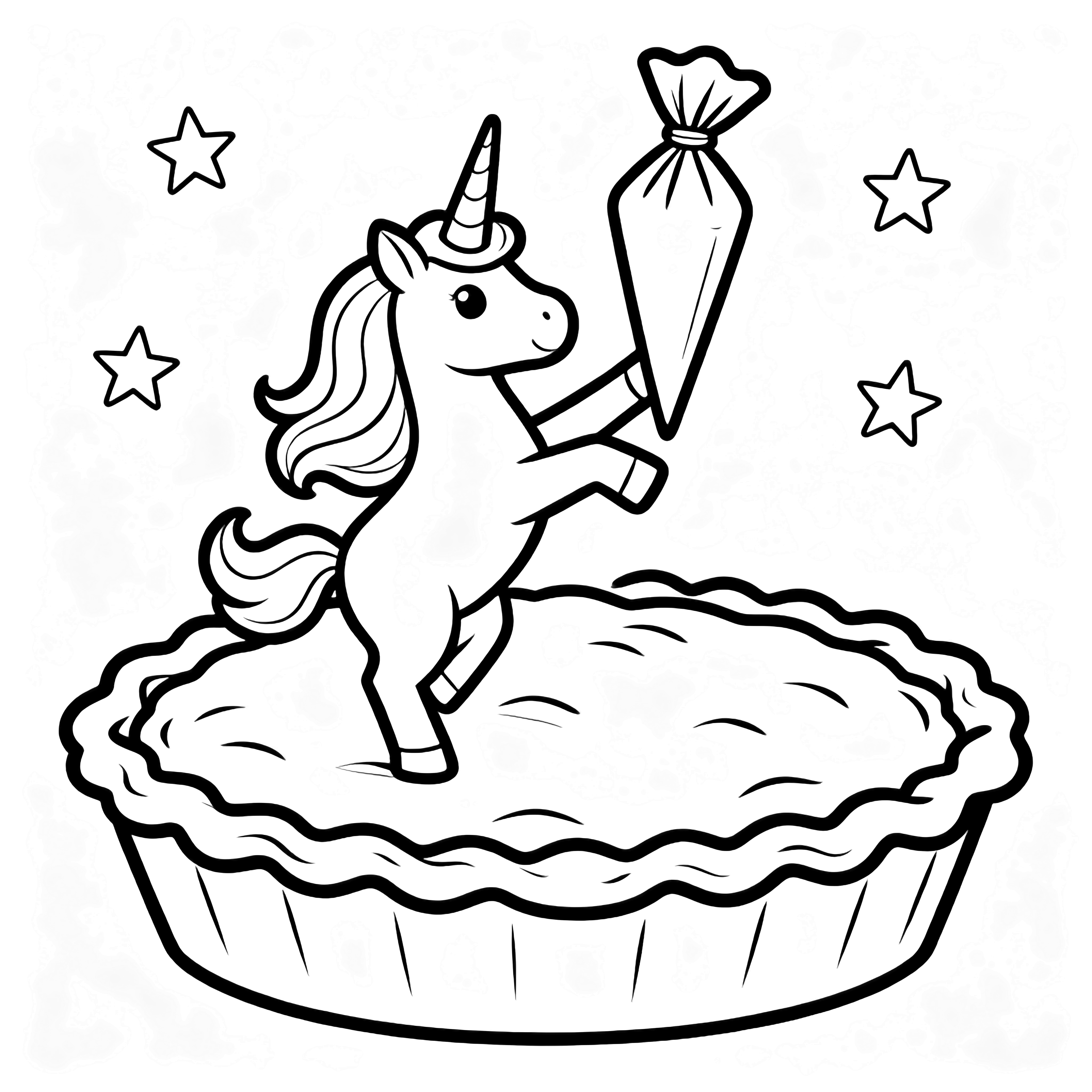 Unicorn rears up, mane flowing, holding a piping bag over a huge pie while simple stars drift around. kleurplaat