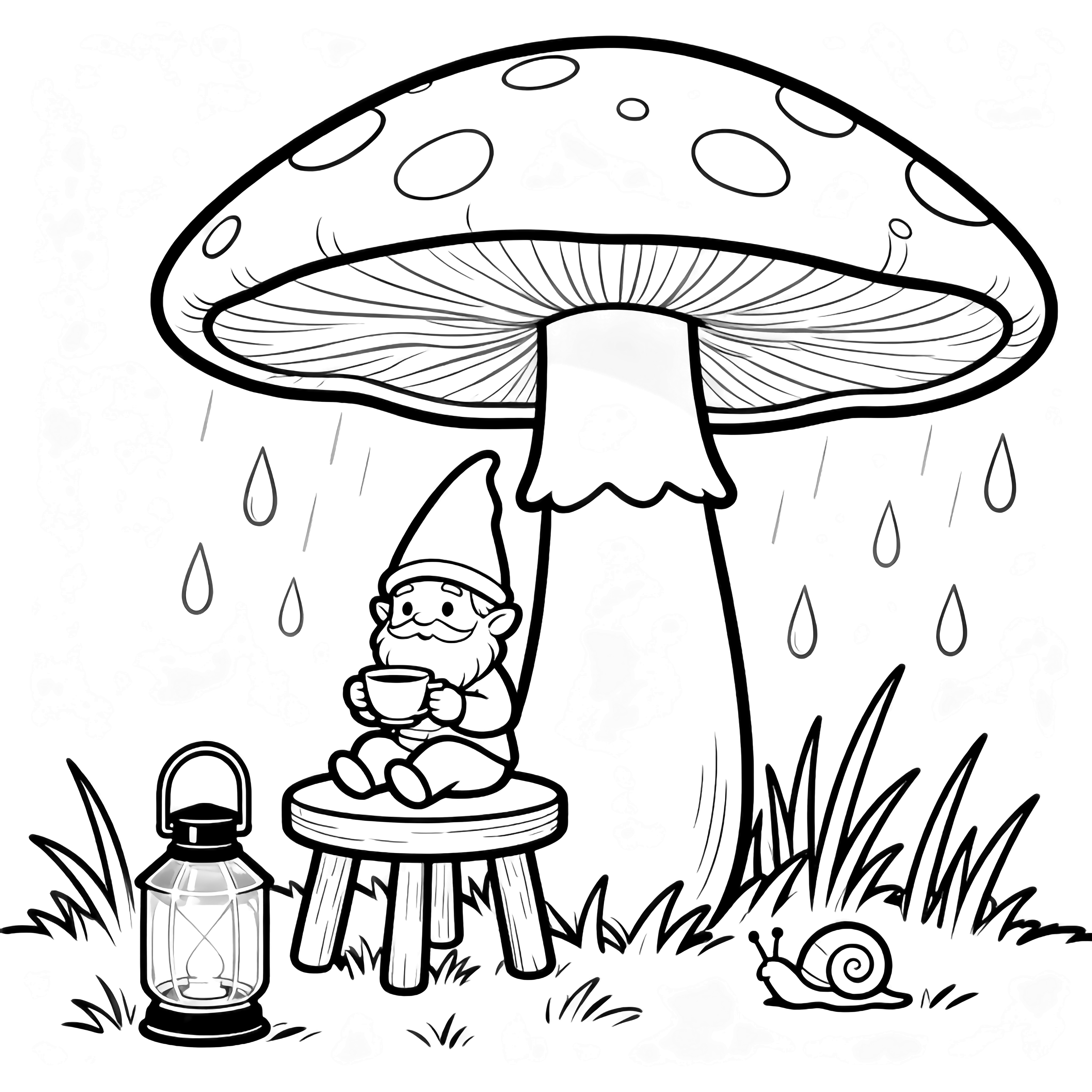 Tiny gnome on round stool sips tea under umbrella mushroom; lantern beside, raindrops, grass, snail. kleurplaat