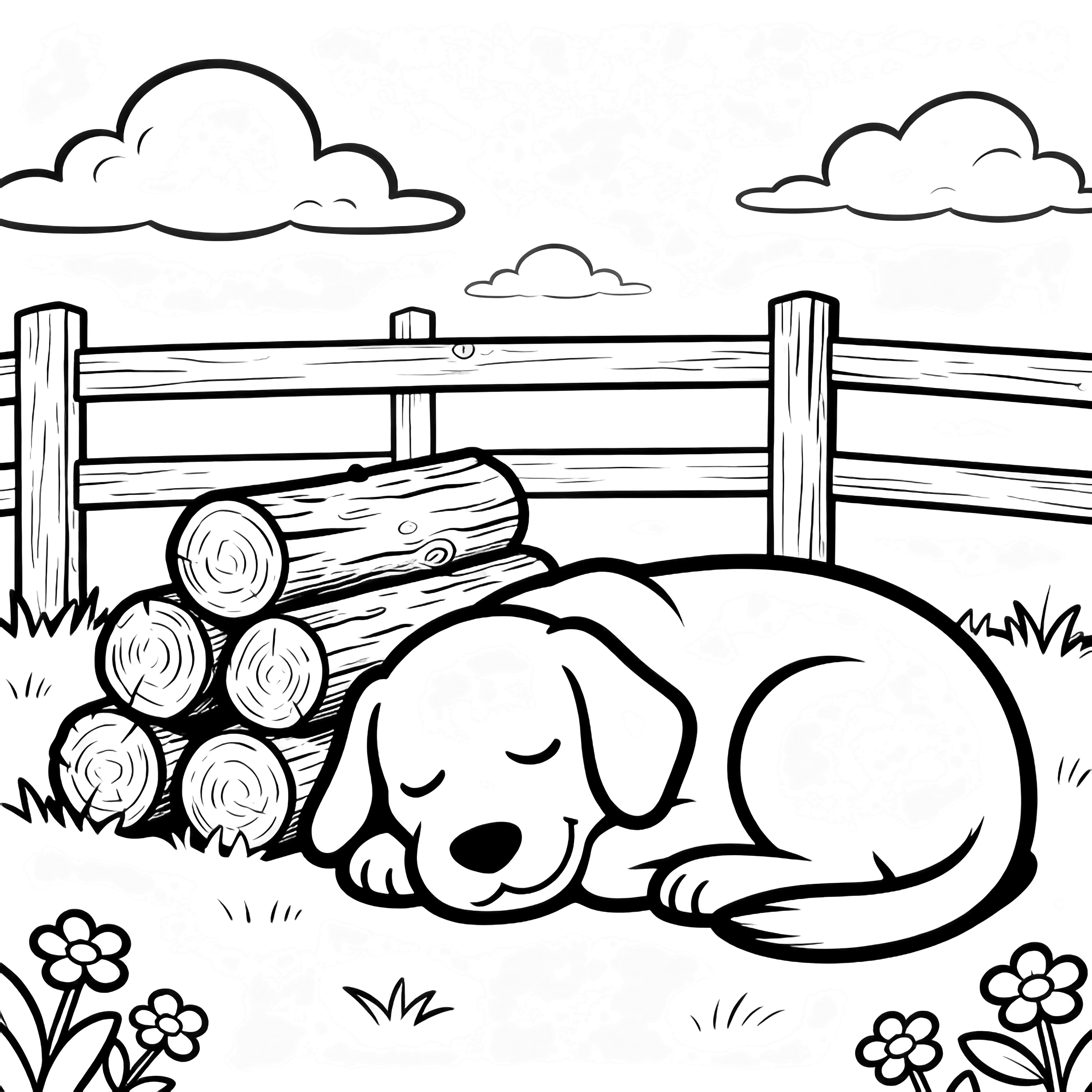 A sleeping dog smiles beside stacked logs, wooden fence, drifting clouds and small flowers. kleurplaat