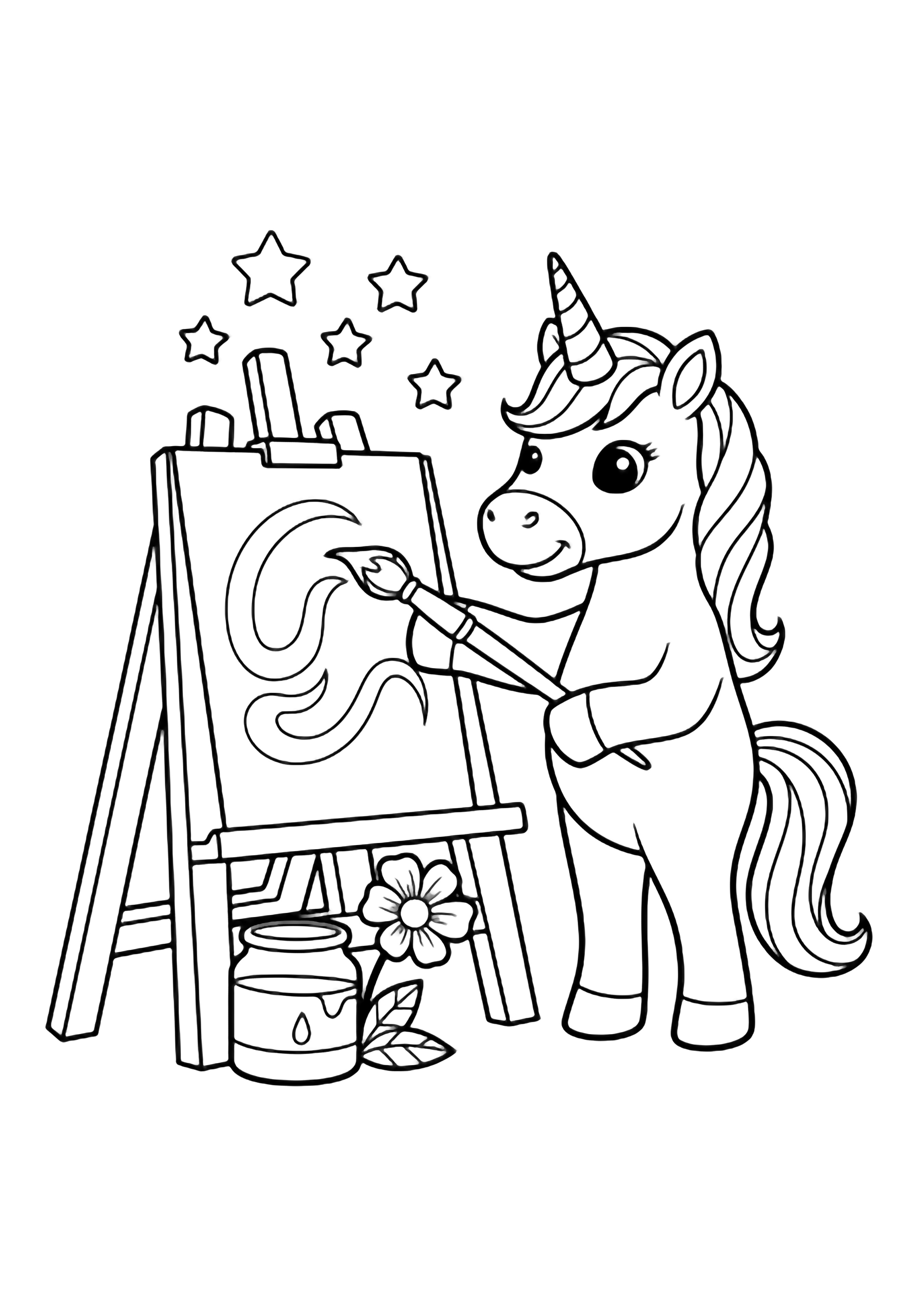 A smiling unicorn paints at an easel; stars drift overhead, a jar of paint and one flower sit nearby. kleurplaat
