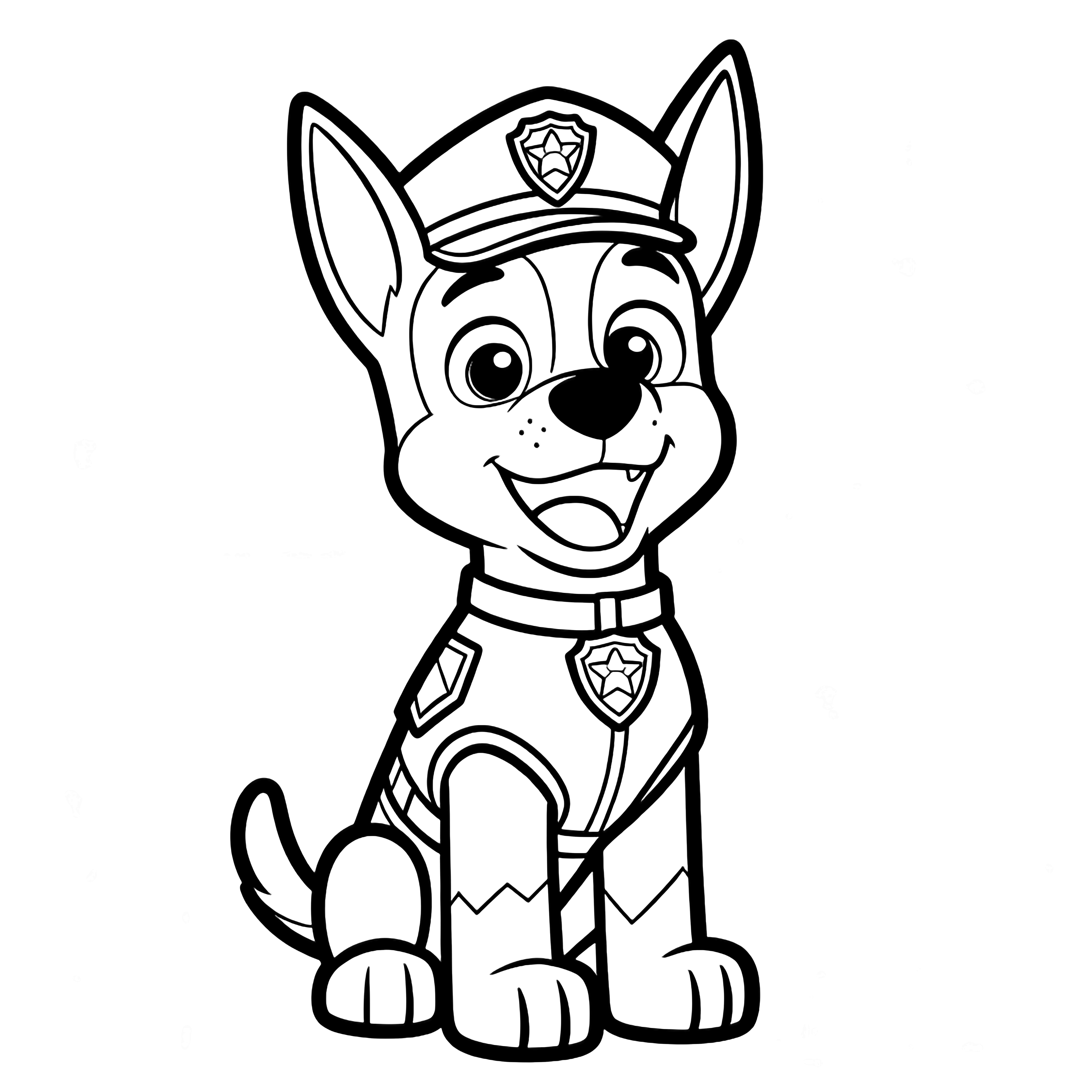 Chase the police pup sits alert, ears up, badge and hat centered, mouth open in a friendly pant. kleurplaat
