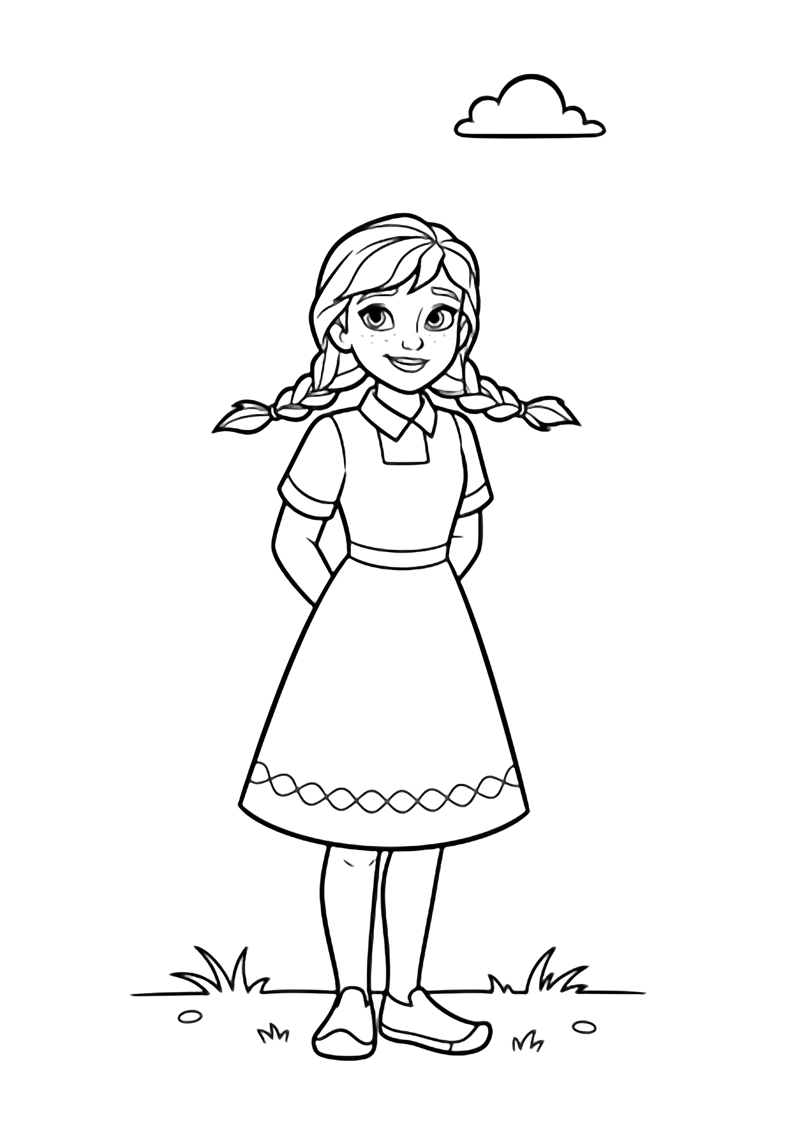 Anna stands centered, hands clasped behind her back, soft smile, two braids, simple dress, sneakers; minimal grass baseline, tiny cloud overhead. kleurplaat