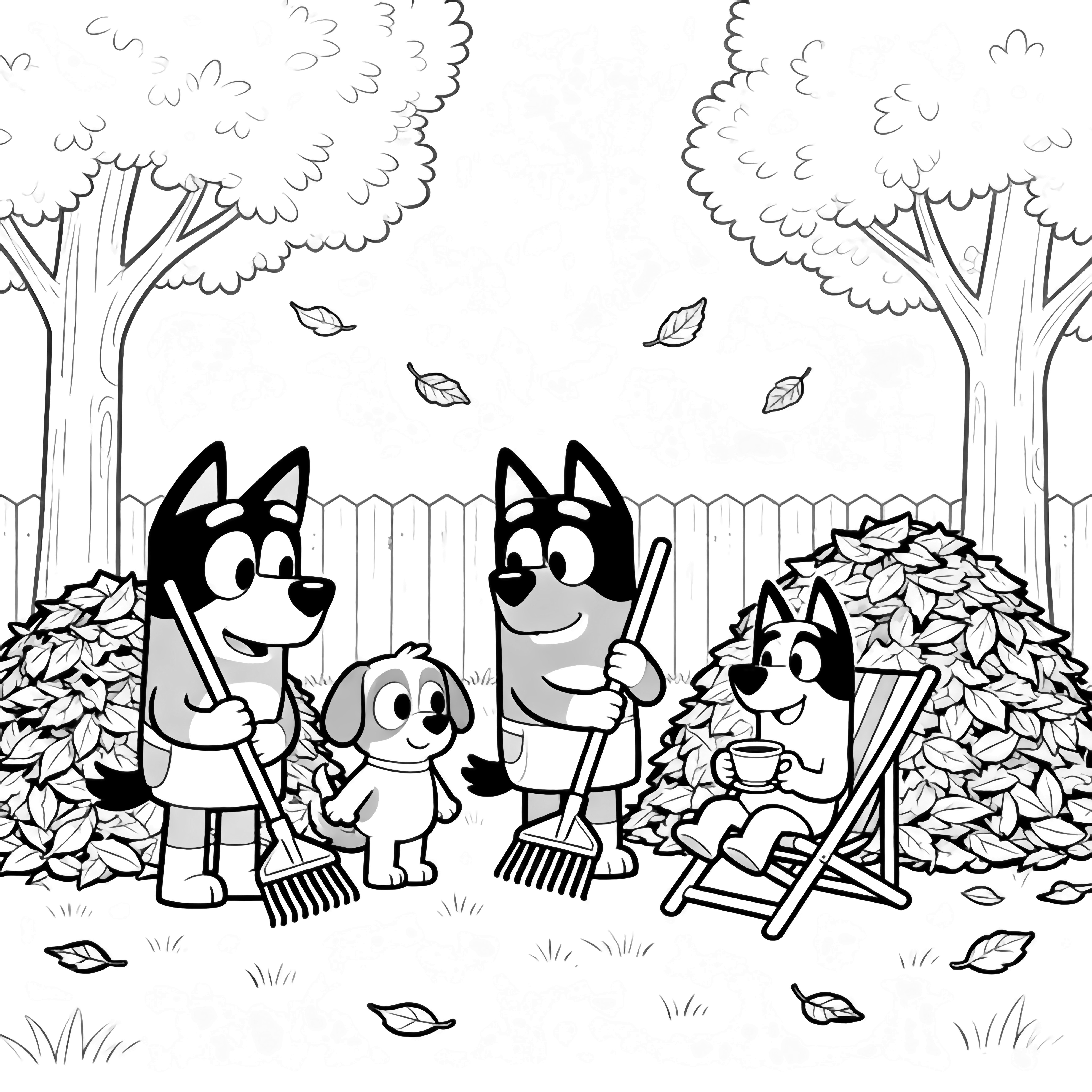 Bluey and Bingo stand with rakes beside tall leaf piles; Bandit relaxes on a deck chair holding a teacup, smiling, as leaves drift past a fence and two trees. kleurplaat