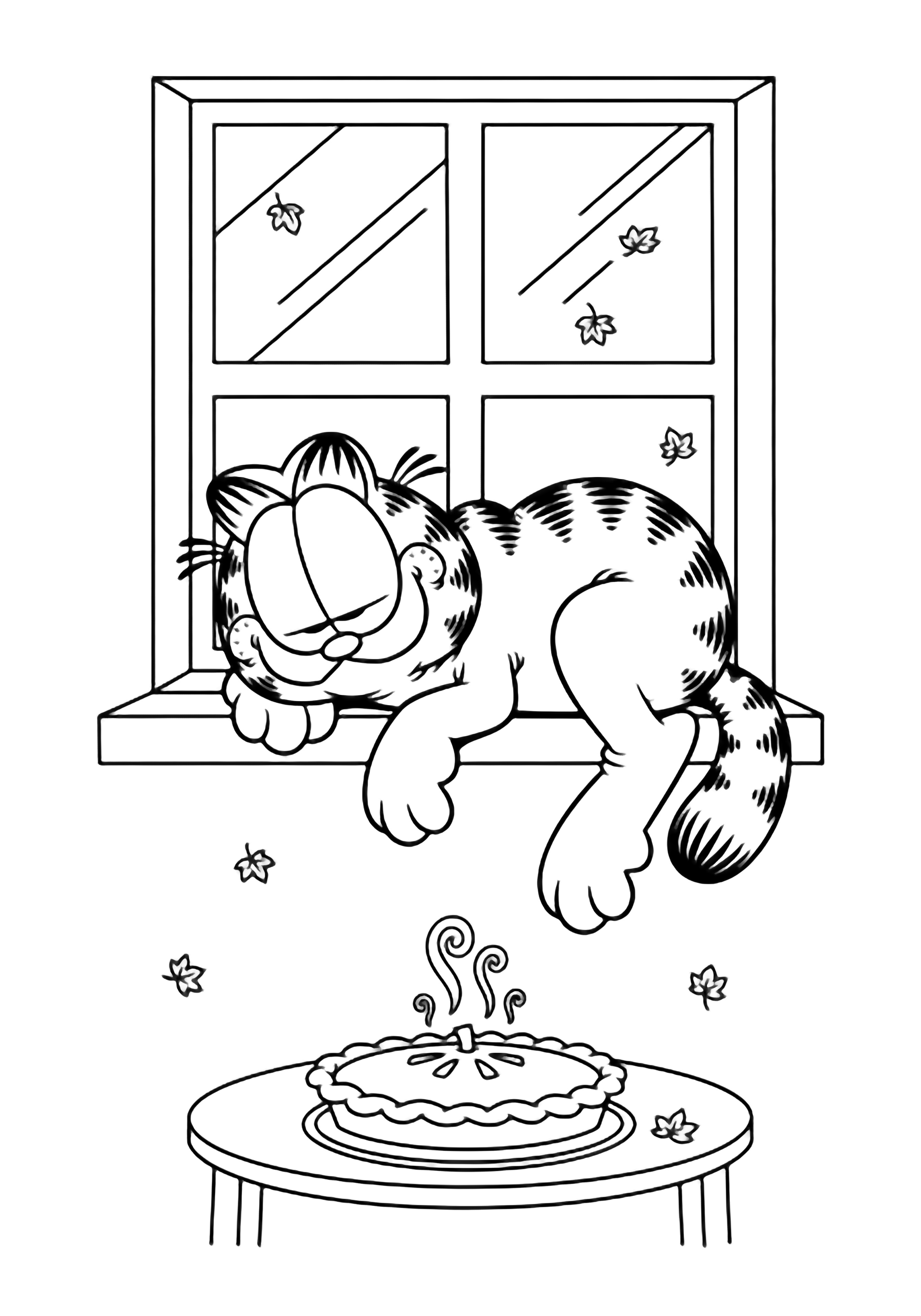 Garfield slaapt op een smalle vensterbank, met zijn poten bungelend; onder hem staat een dampende pompoentaart op een klein tafeltje terwijl kleine blaadjes langs een eenvoudig lijstje dwarrelen. kleurplaat